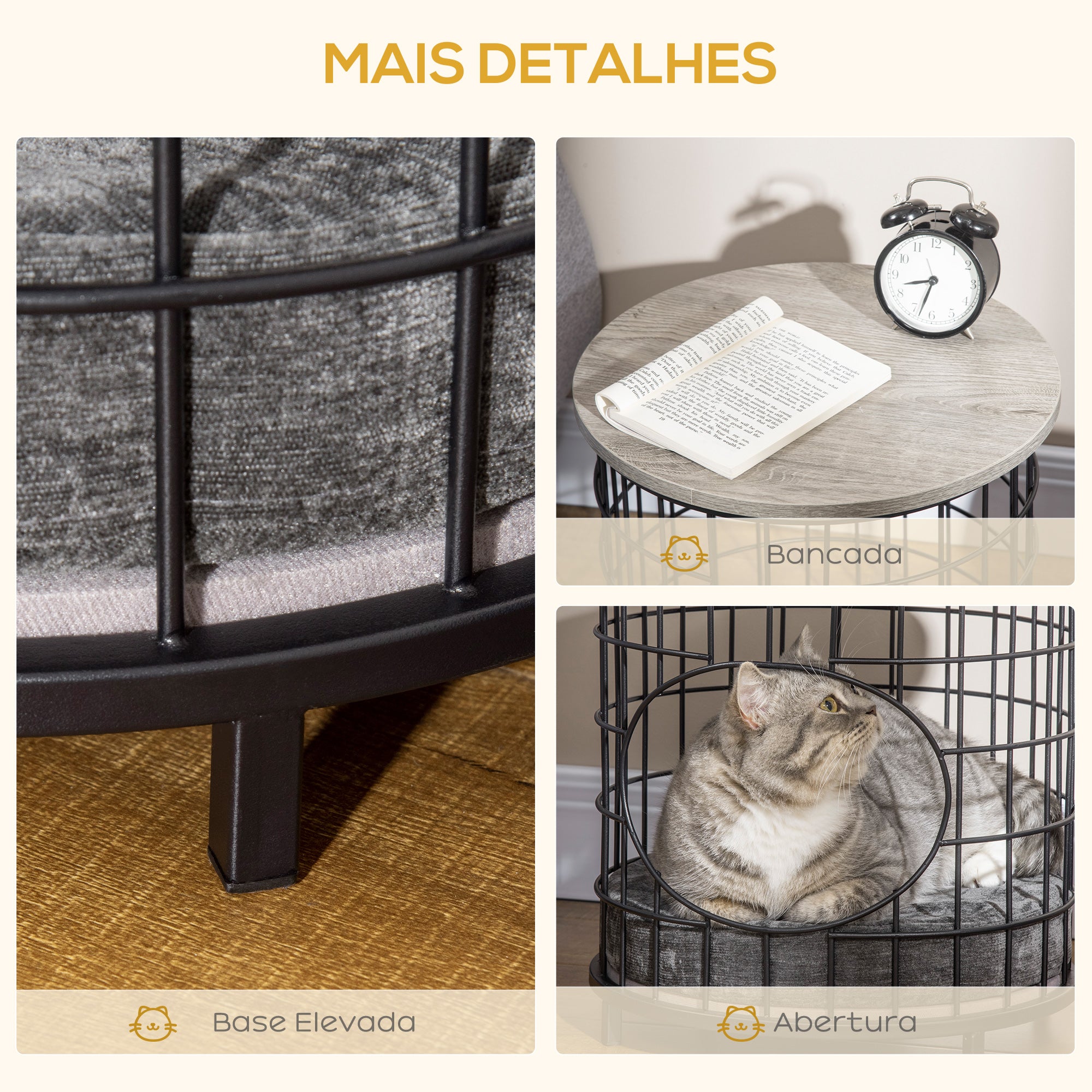 Mesa Lateral para Gatos Pequenos 40x40x40cm Preto e Cinza - Estrutura de Aço
