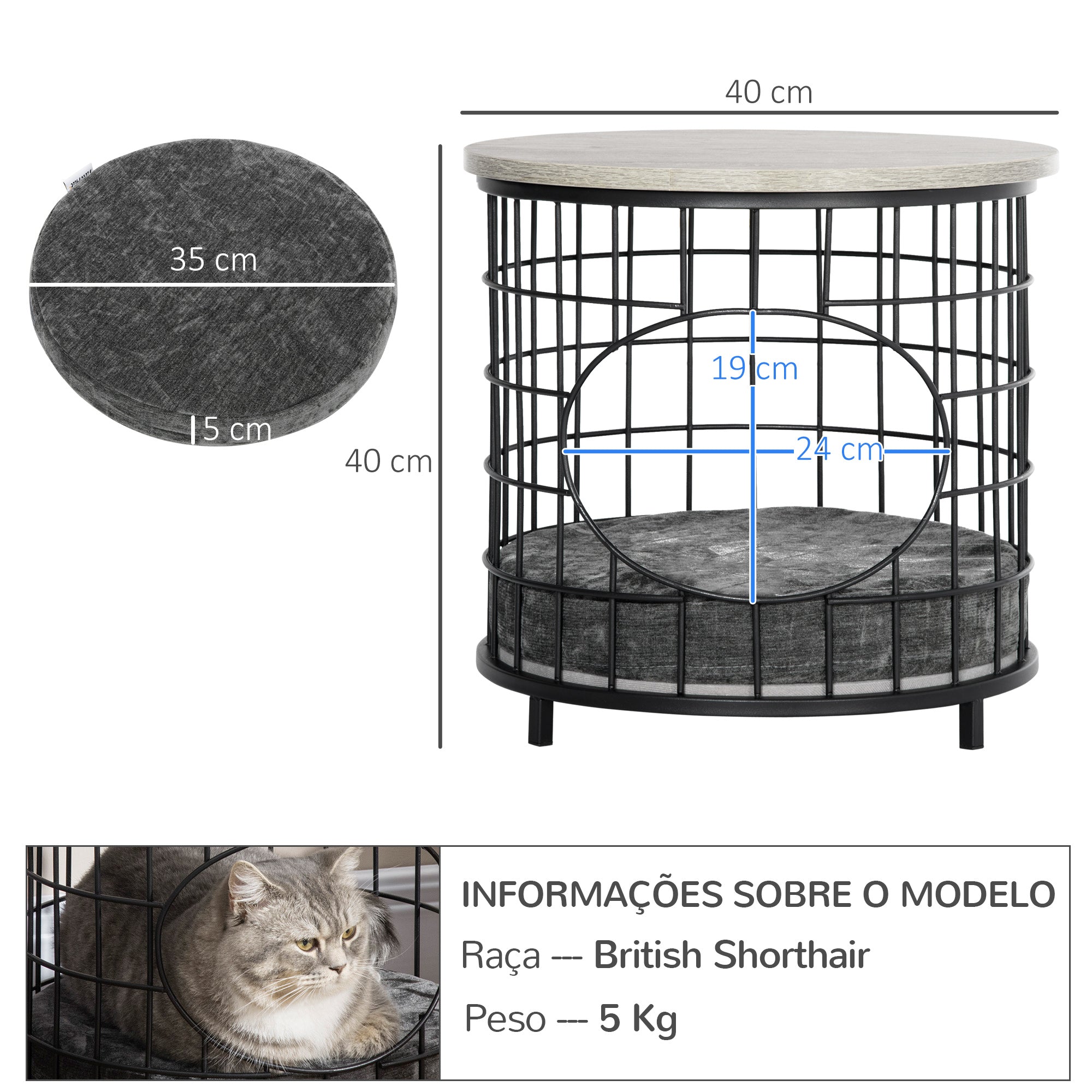 Mesa Lateral para Gatos Pequenos 40x40x40cm Preto e Cinza - Estrutura de Aço
