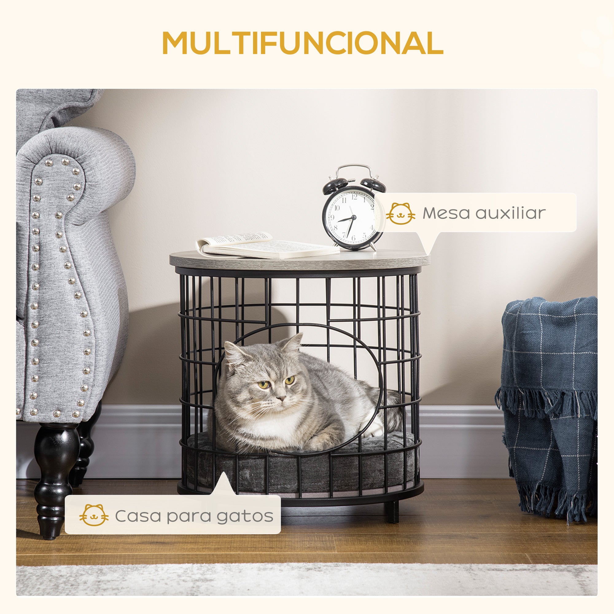 Mesa Lateral para Gatos Pequenos 40x40x40cm Preto e Cinza - Estrutura de Aço