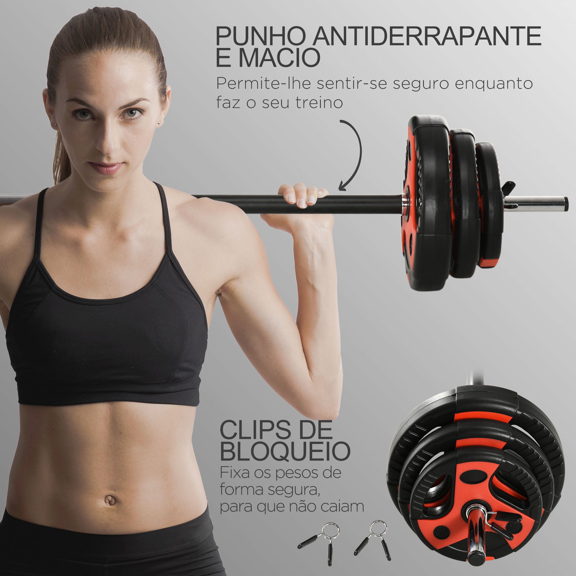 Conjunto de Barra de Pesos com Discos – 140x17x17 cm – Preto e Vermelho – Metal
