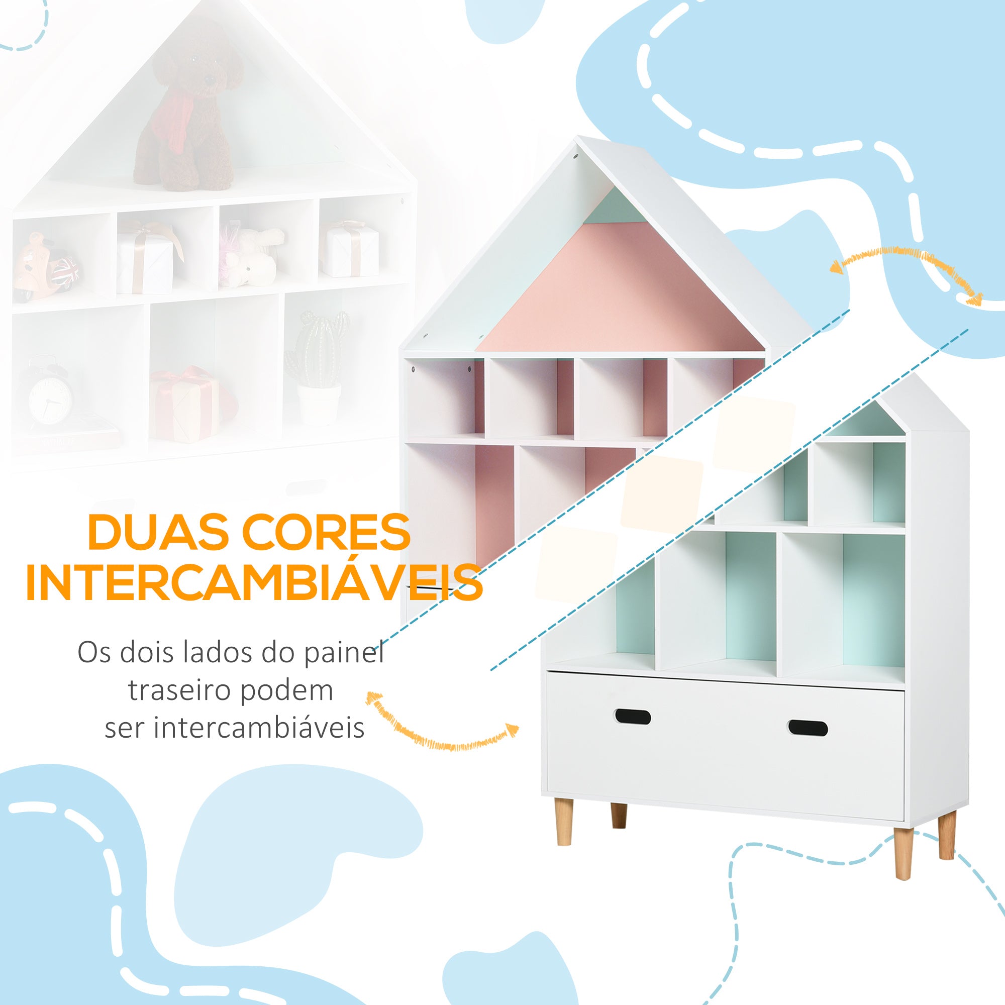 Estante Infantil em Forma de Casa com 8 Compartimentos - 82x30x126cm Branco