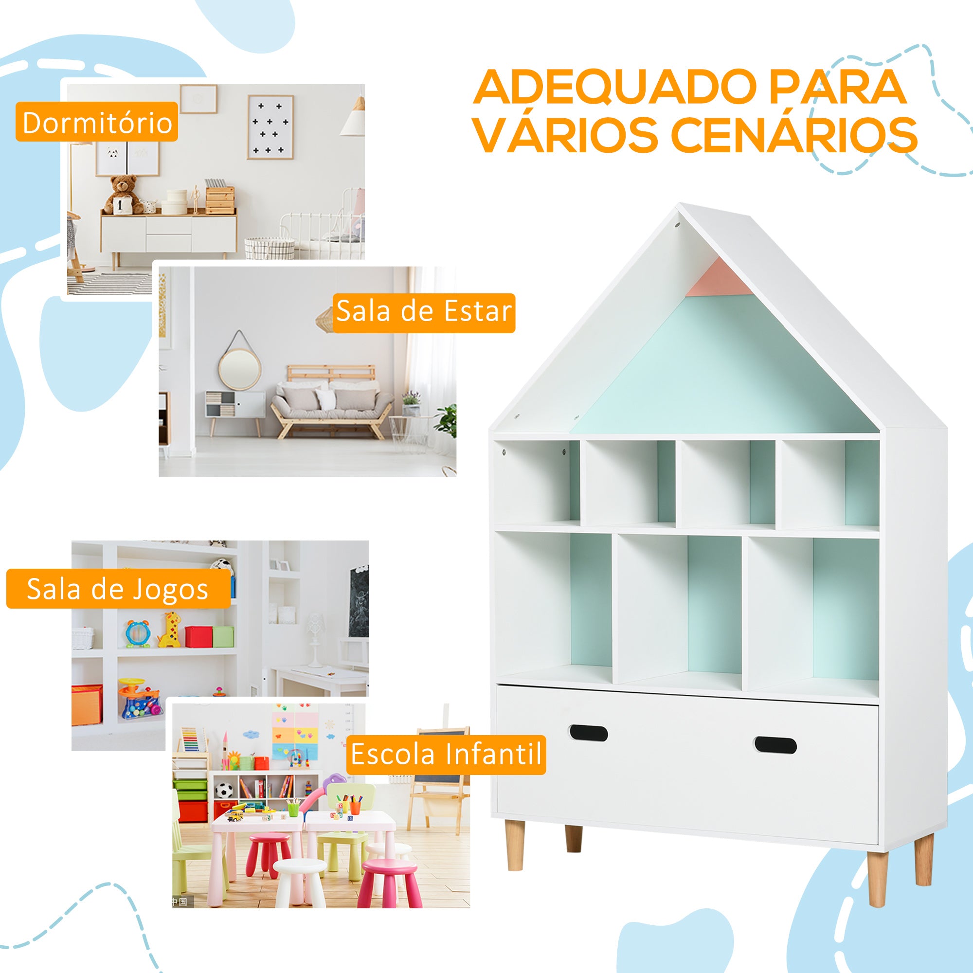 Estante Infantil em Forma de Casa com 8 Compartimentos - 82x30x126cm Branco