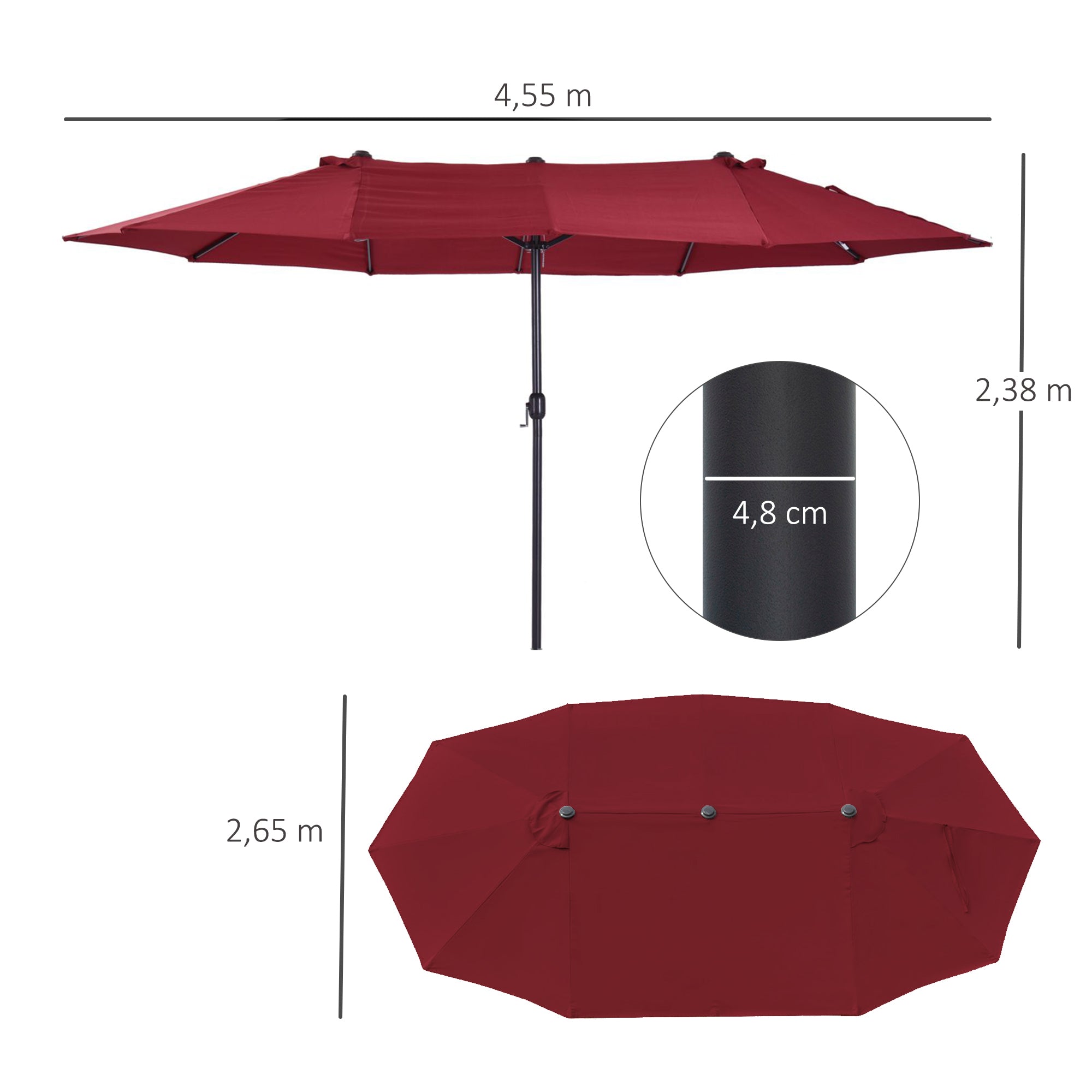Chapéu de Sol Duplo Vermelho 4,55x2,65x2,38 m - Proteção UV e Resistente à Água