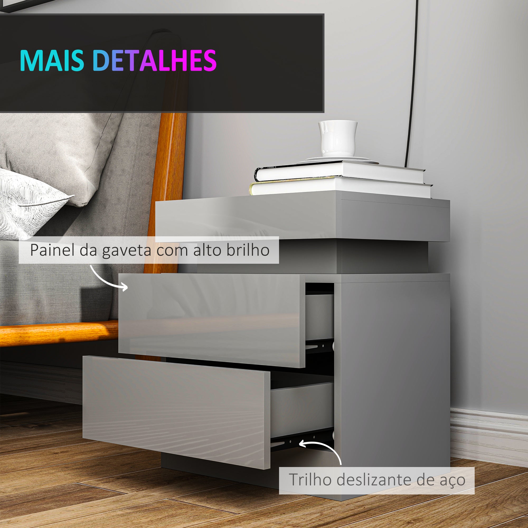 Mesa de Cabeceira com Luz LED – 45x35x52 cm – Cinzento – Melamina