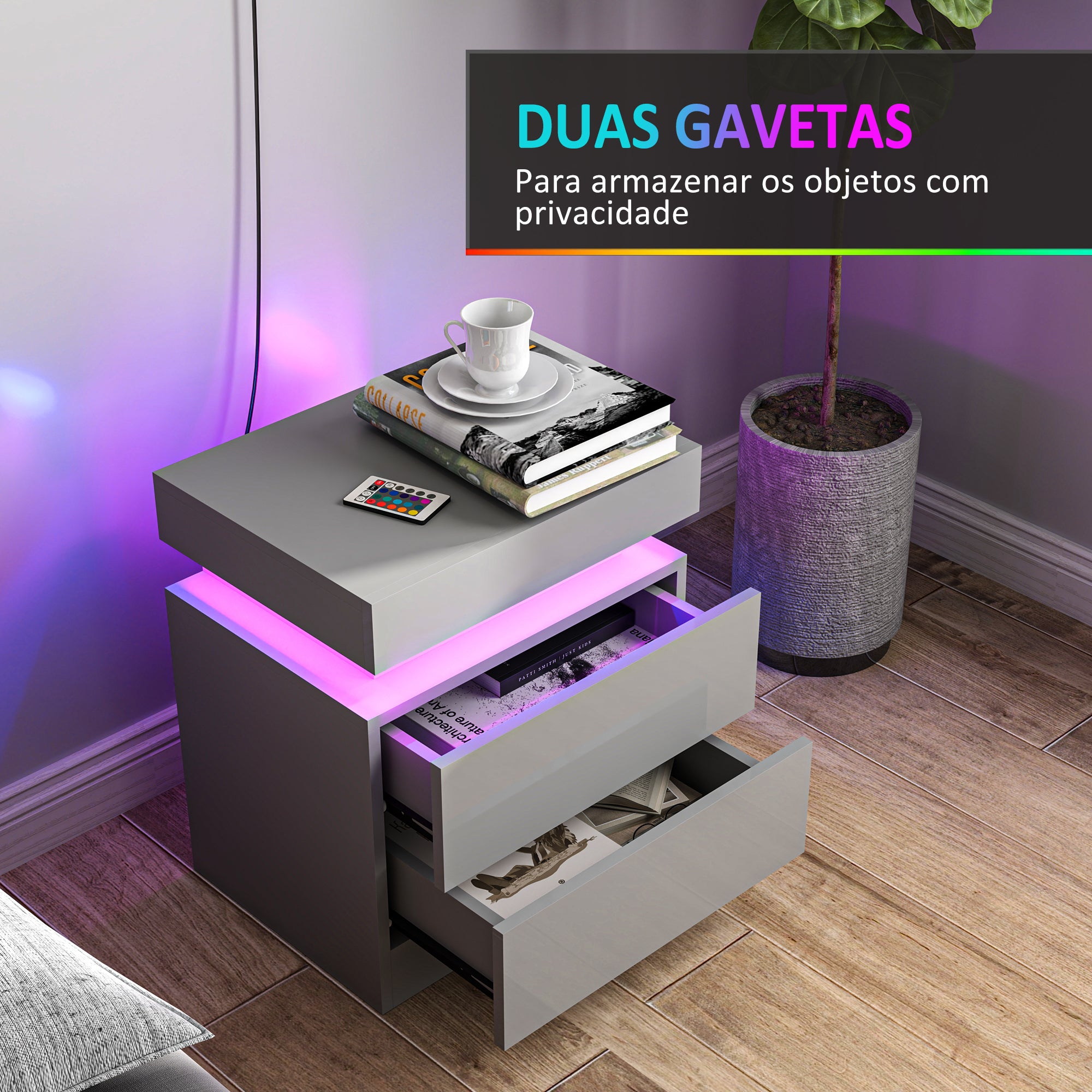 Mesa de Cabeceira com Luz LED – 45x35x52 cm – Cinzento – Melamina