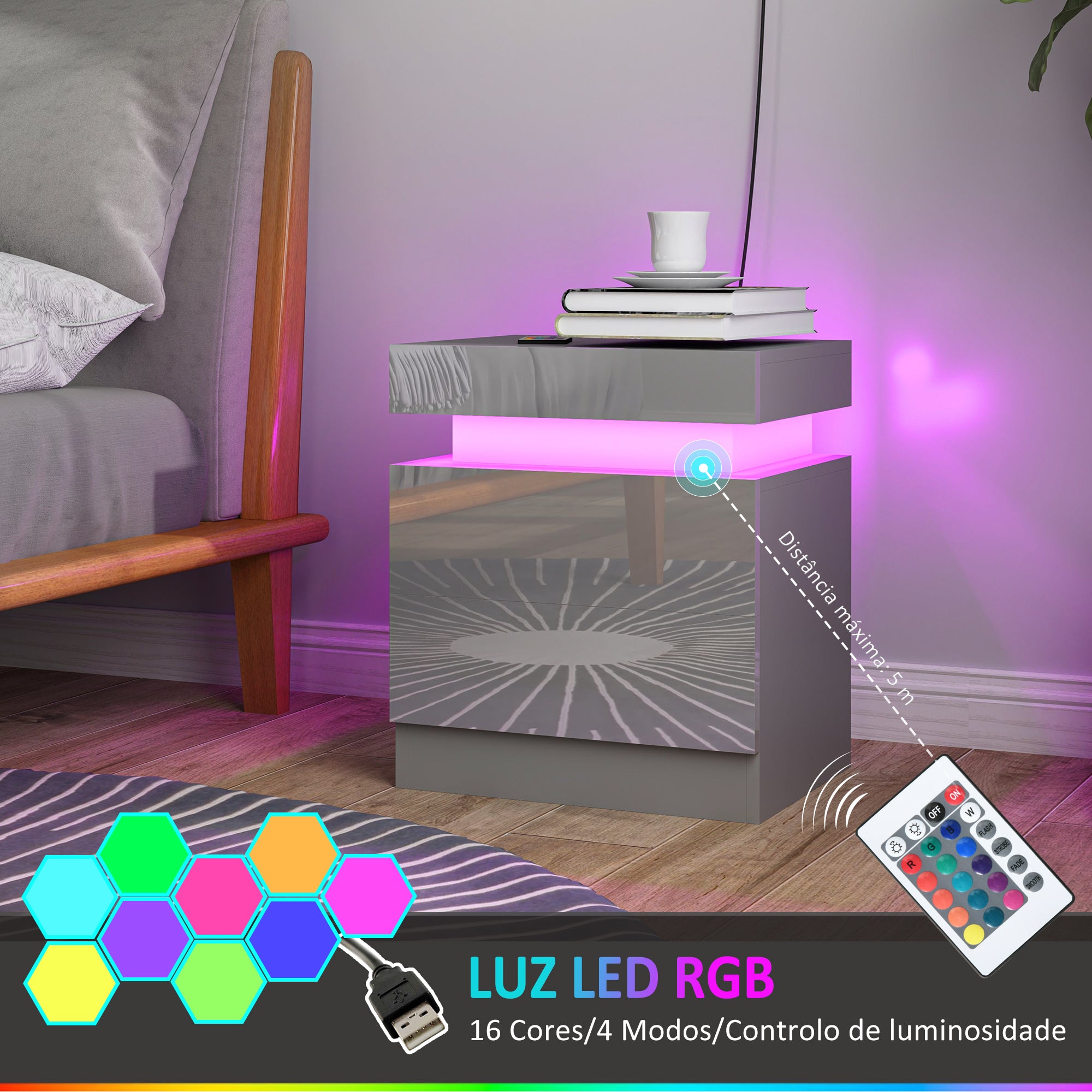 Mesa de Cabeceira com Luz LED – 45x35x52 cm – Cinzento – Melamina