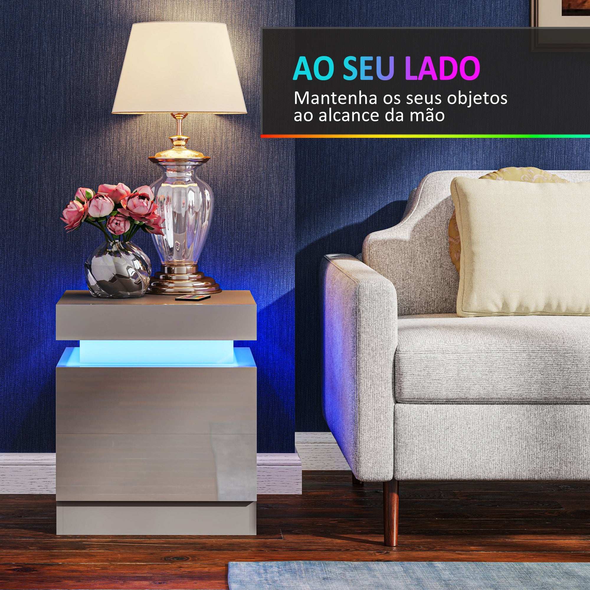 Mesa de Cabeceira com Luz LED – 45x35x52 cm – Cinzento – Melamina