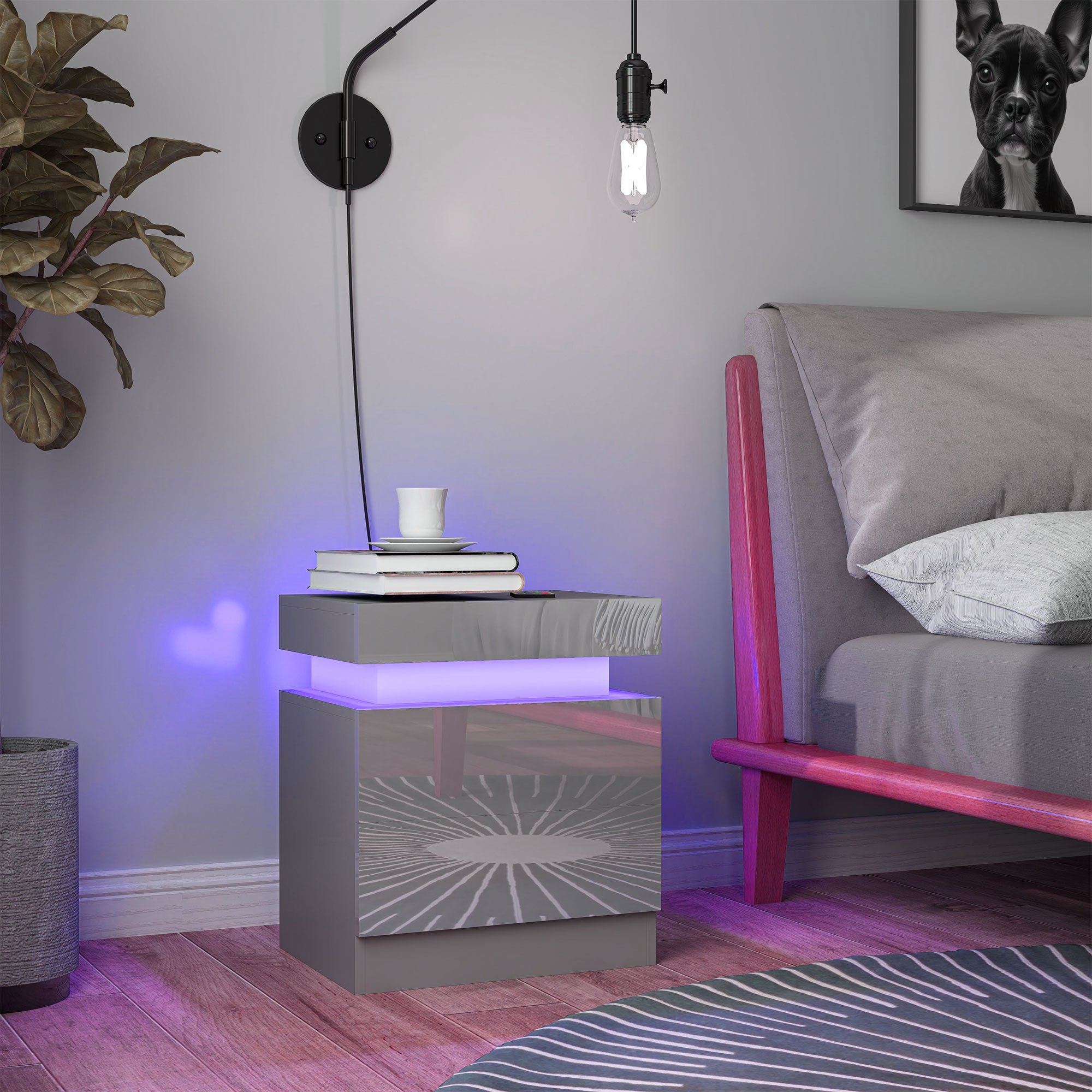 Mesa de Cabeceira com Luz LED – 45x35x52 cm – Cinzento – Melamina