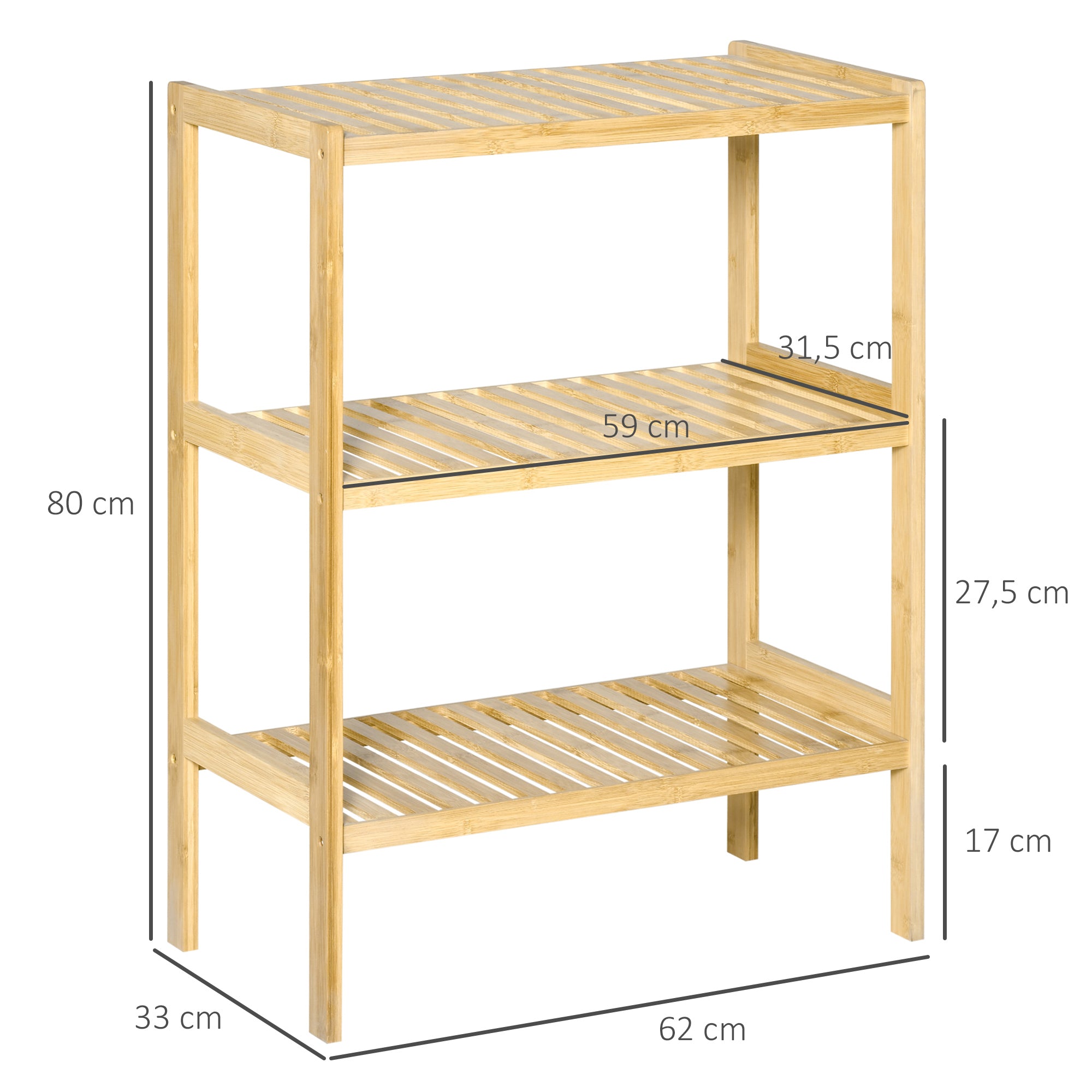 Estante de Bambu de 3 Níveis – 62x33x80cm – Cor de Madeira Natural