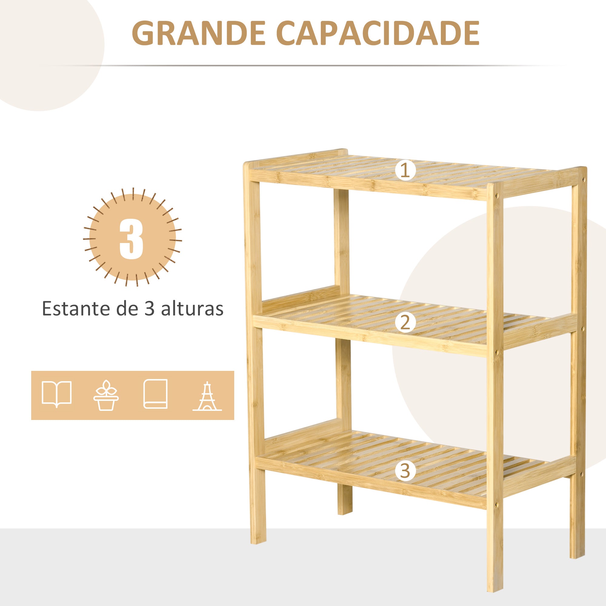 Estante de Bambu de 3 Níveis – 62x33x80cm – Cor de Madeira Natural
