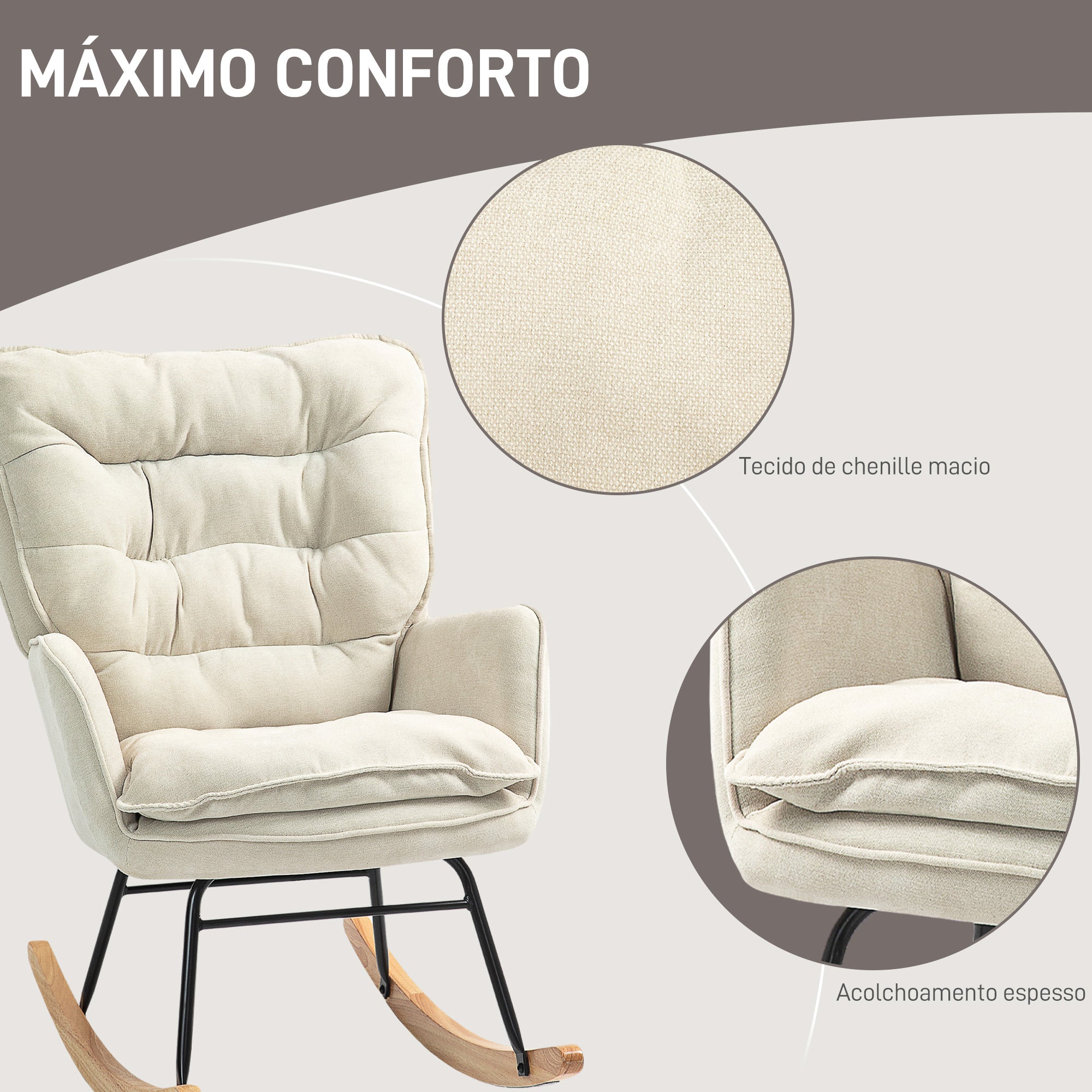 Poltrona Baloiço Estofada em Chenilla Bege – 71x98,5x97 cm – Chenilla (100% poliéster)