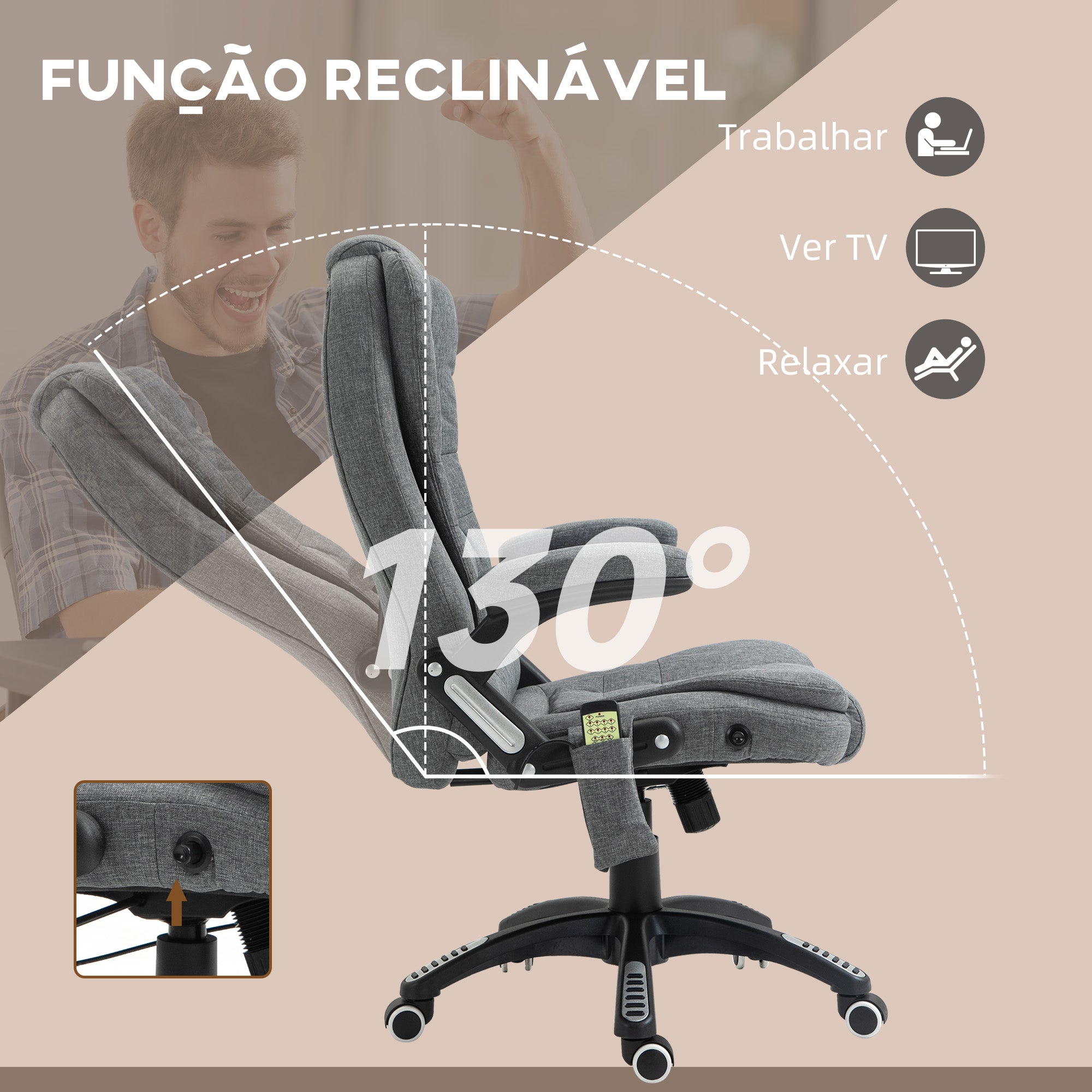 Cadeira de Escritório com Massagem – 68x72x110-120 cm – Cinzenta – Linho, espuma, PU e nylon
