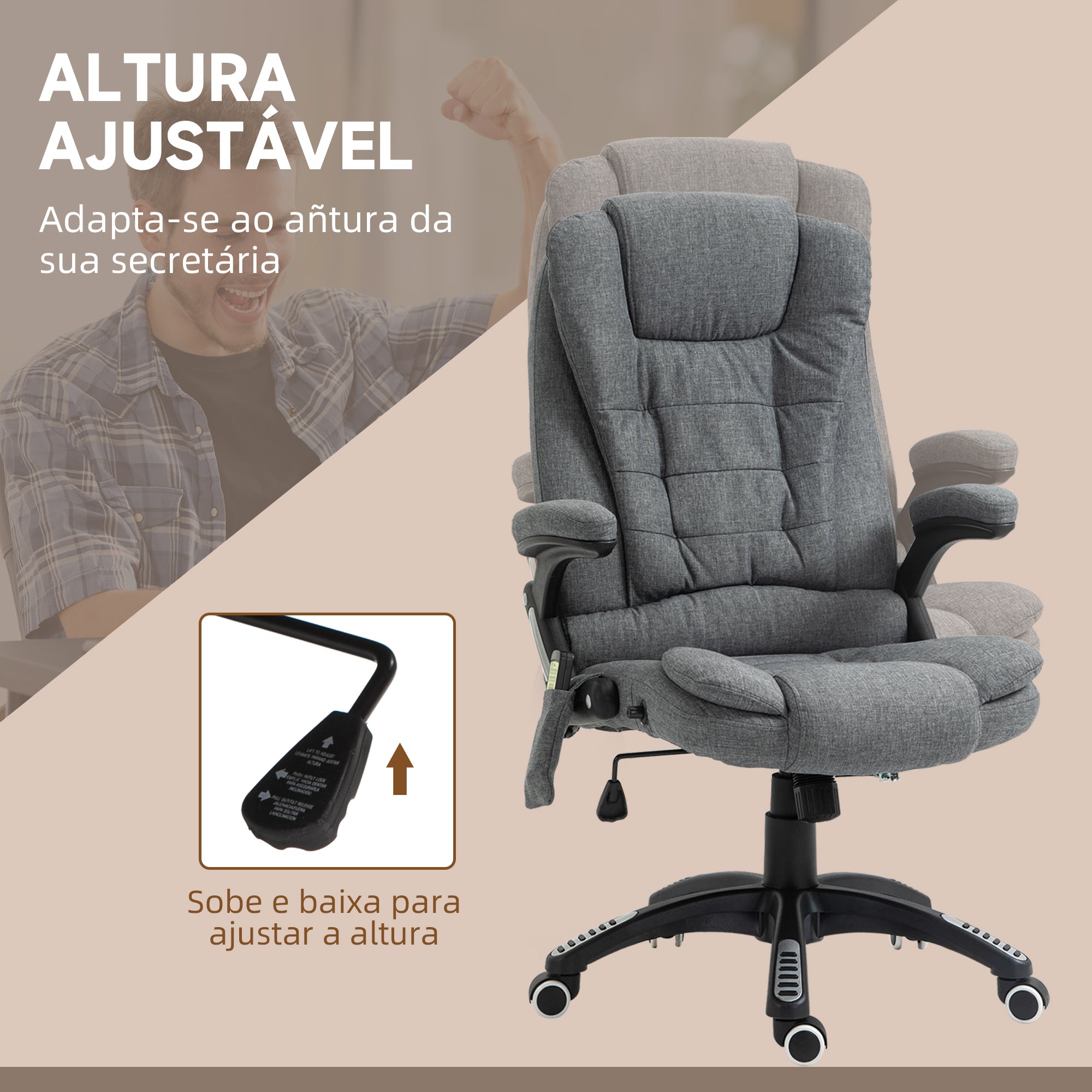 Cadeira de Escritório com Massagem – 68x72x110-120 cm – Cinzenta – Linho, espuma, PU e nylon