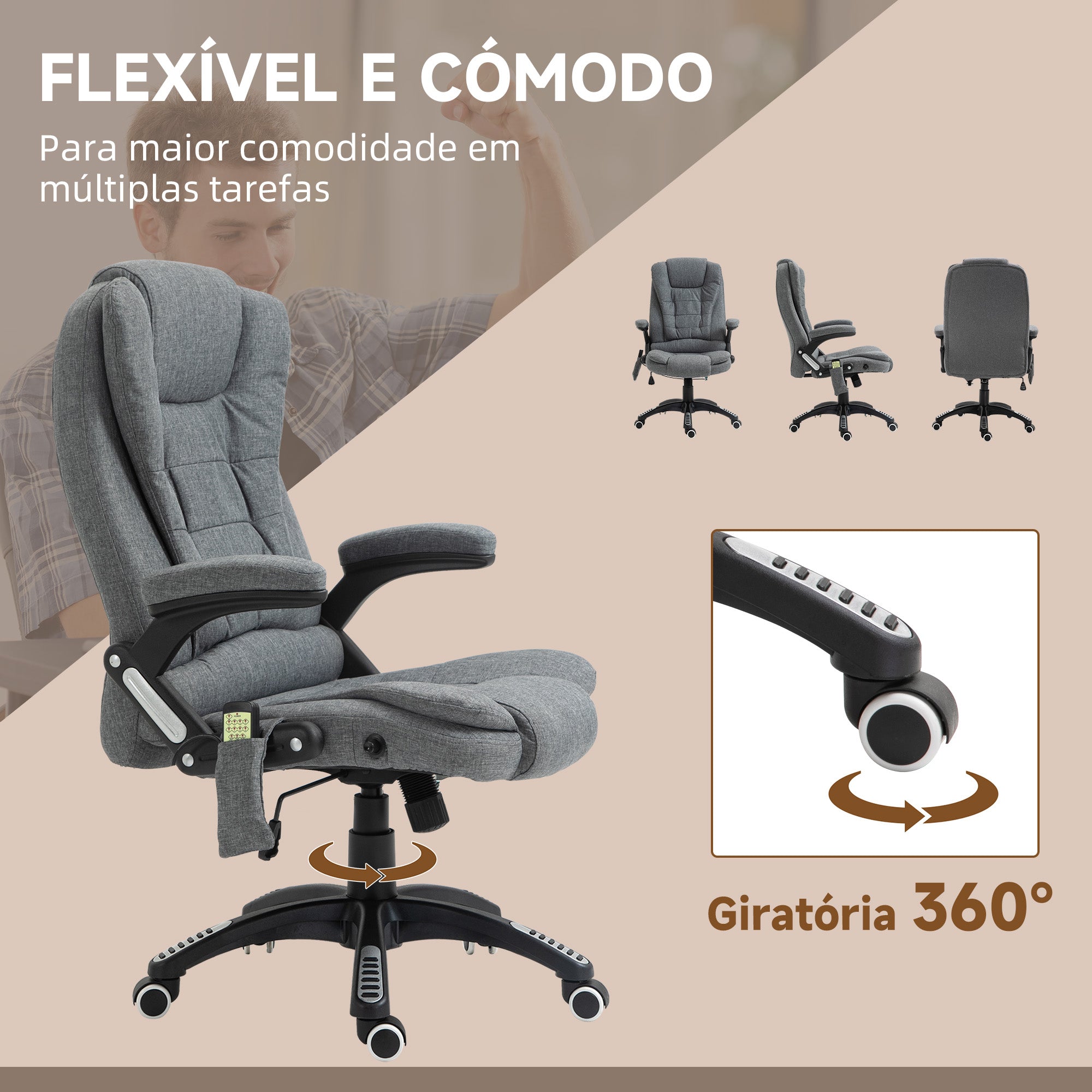 Cadeira de Escritório com Massagem – 68x72x110-120 cm – Cinzenta – Linho, espuma, PU e nylon