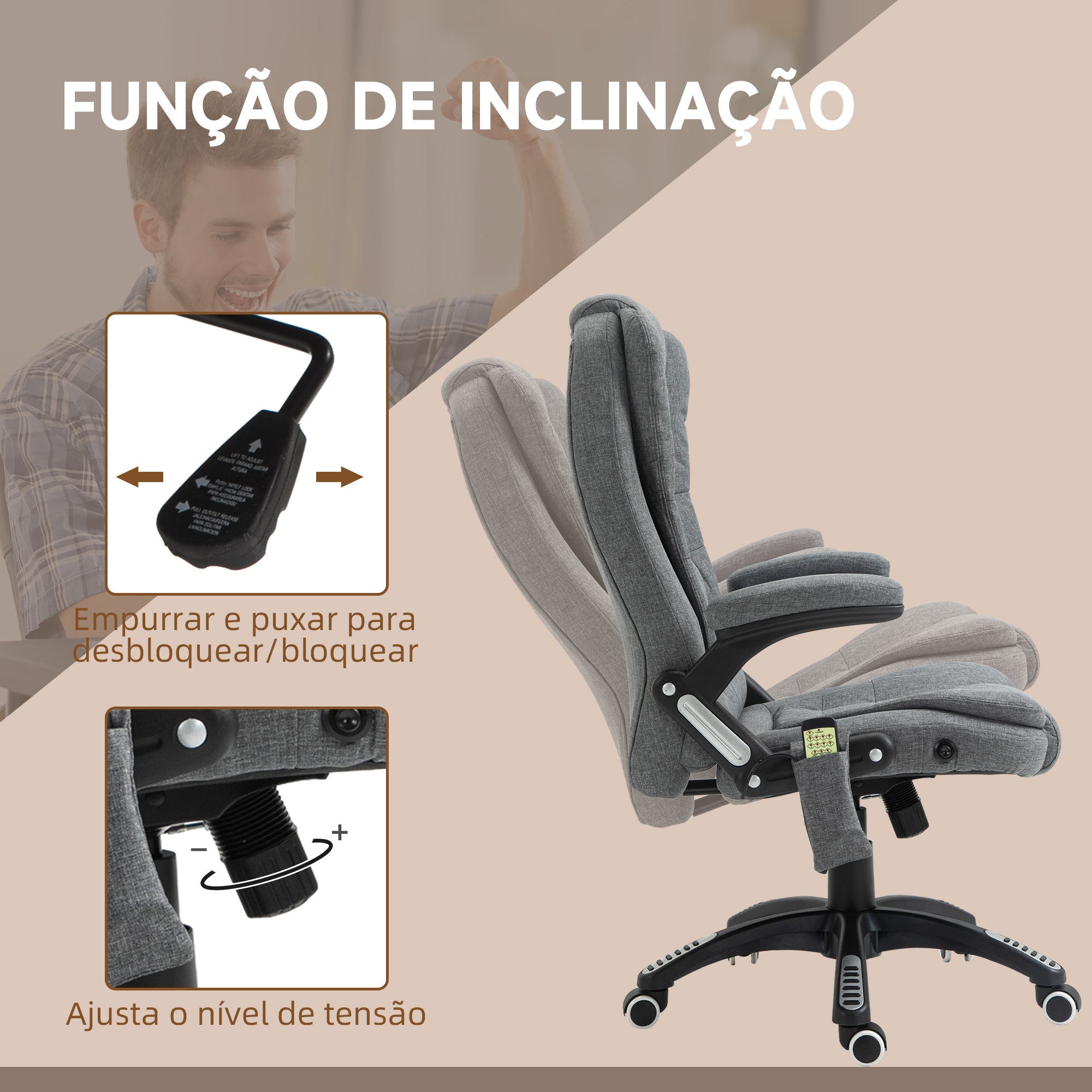 Cadeira de Escritório com Massagem – 68x72x110-120 cm – Cinzenta – Linho, espuma, PU e nylon