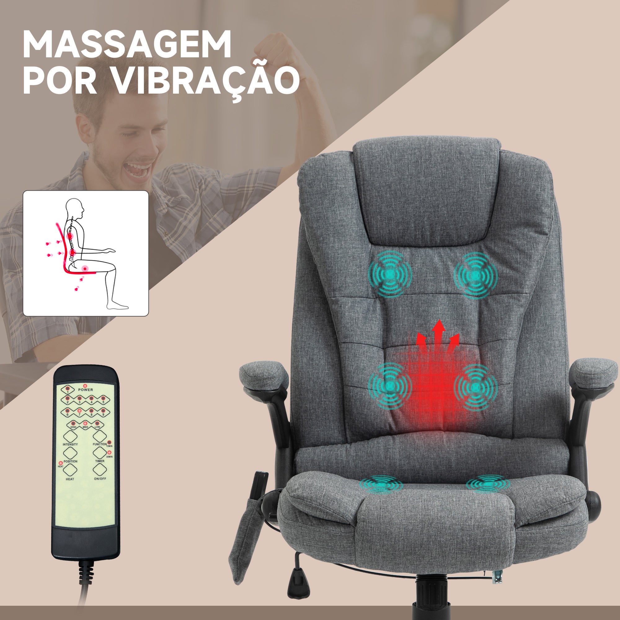 Cadeira de Escritório com Massagem – 68x72x110-120 cm – Cinzenta – Linho, espuma, PU e nylon