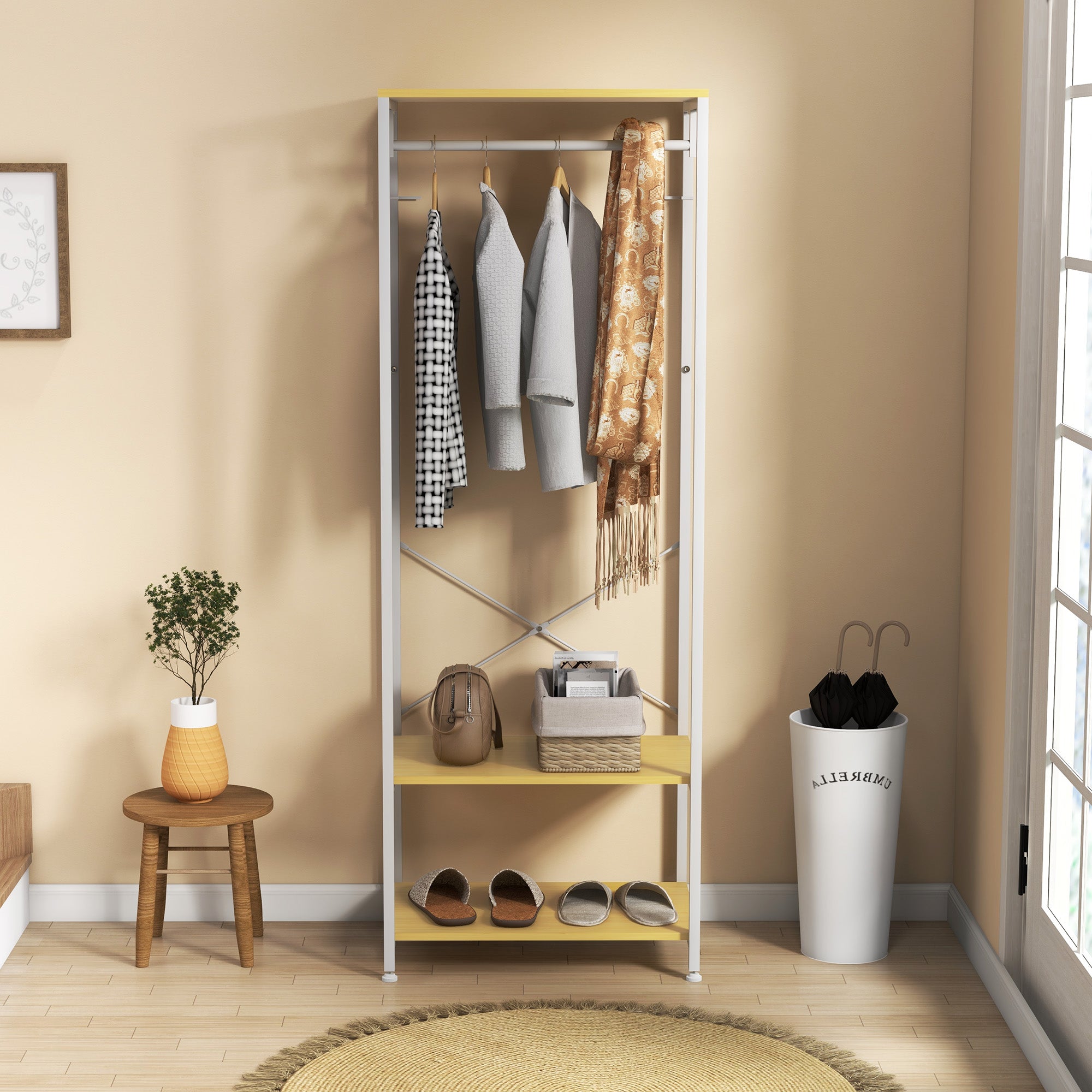 Suporte para Cabide com Barra Suspensa e 2 Estantes de Armazenamento para 6 Pares de Sapatos 60x40x167,5 cm Natural e Branco
