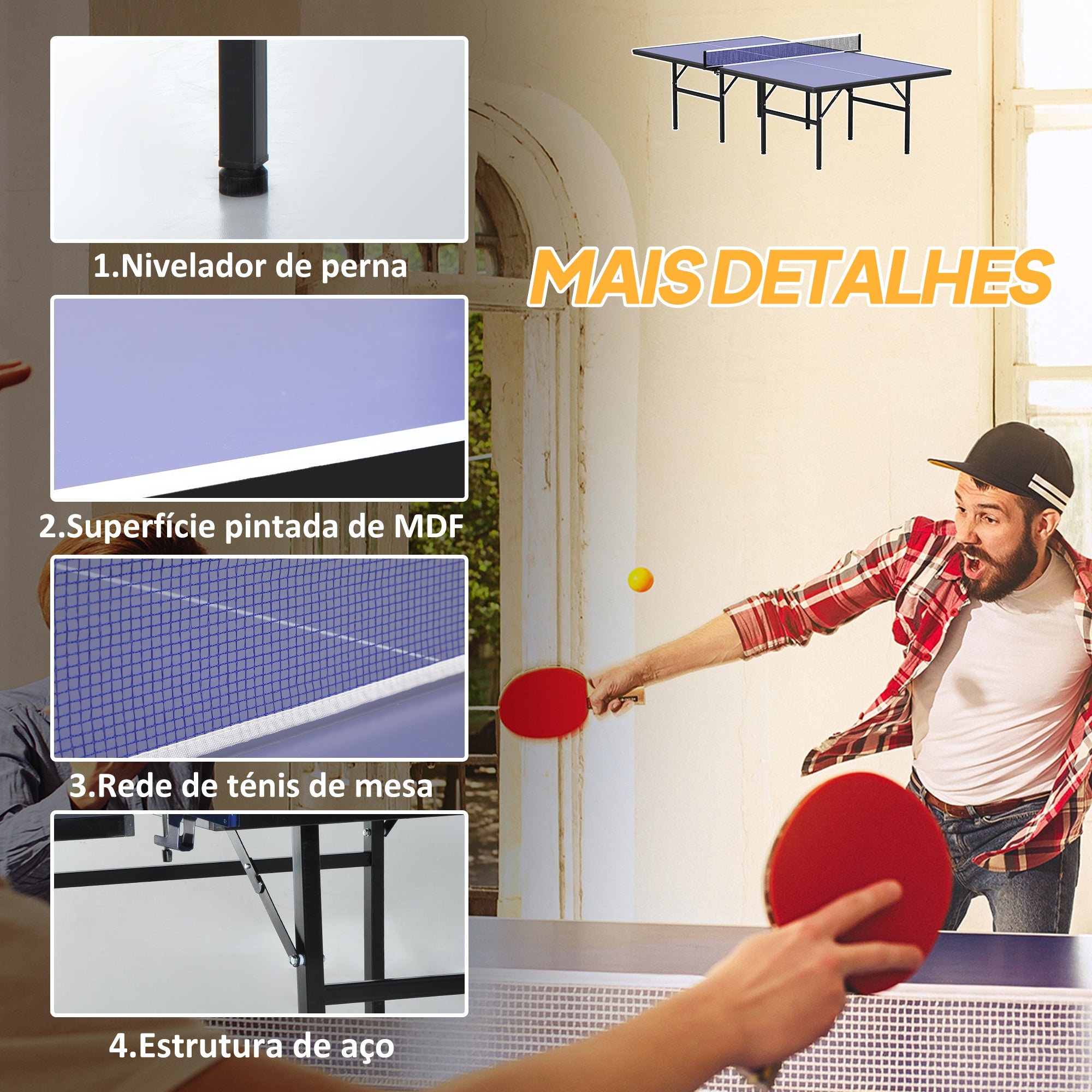 Mesa de Ping Pong Dobrável - 152.5x274x76cm - Cor Azul