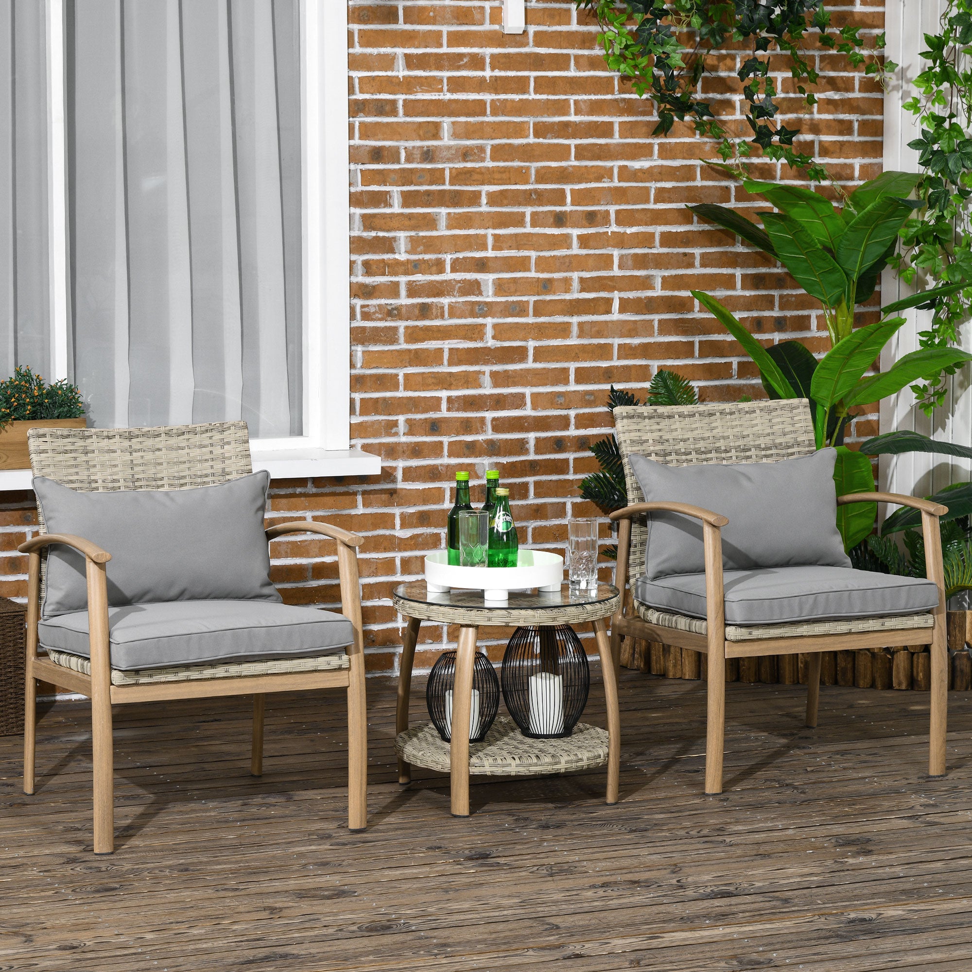 Conjunto de Mesa e Cadeiras 57x68,5x78 cm em Vime - Marróm Misto e Cinza Claro