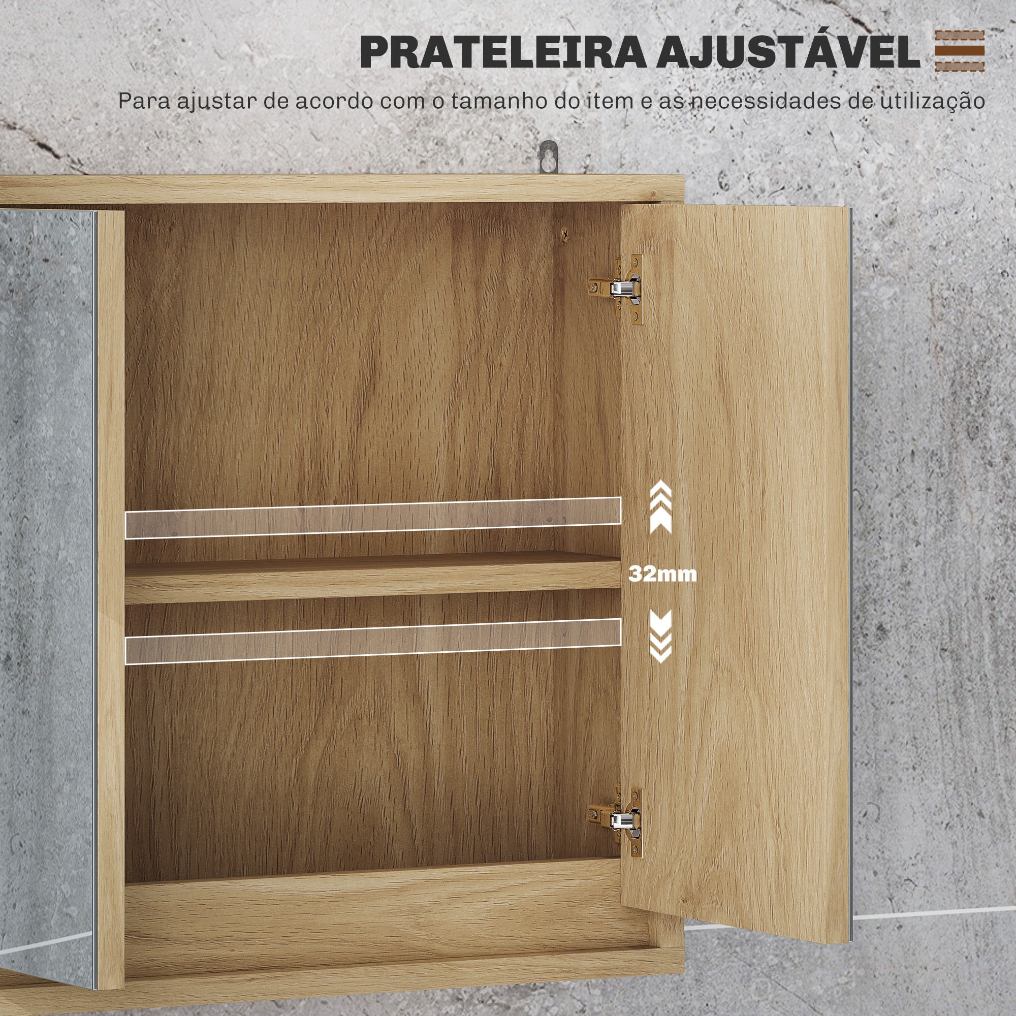 Armário de Casa de Banho com Espelho – 48x14,5x45 cm – Cor de Madeira Natural – Melamina, MDF e Vidro