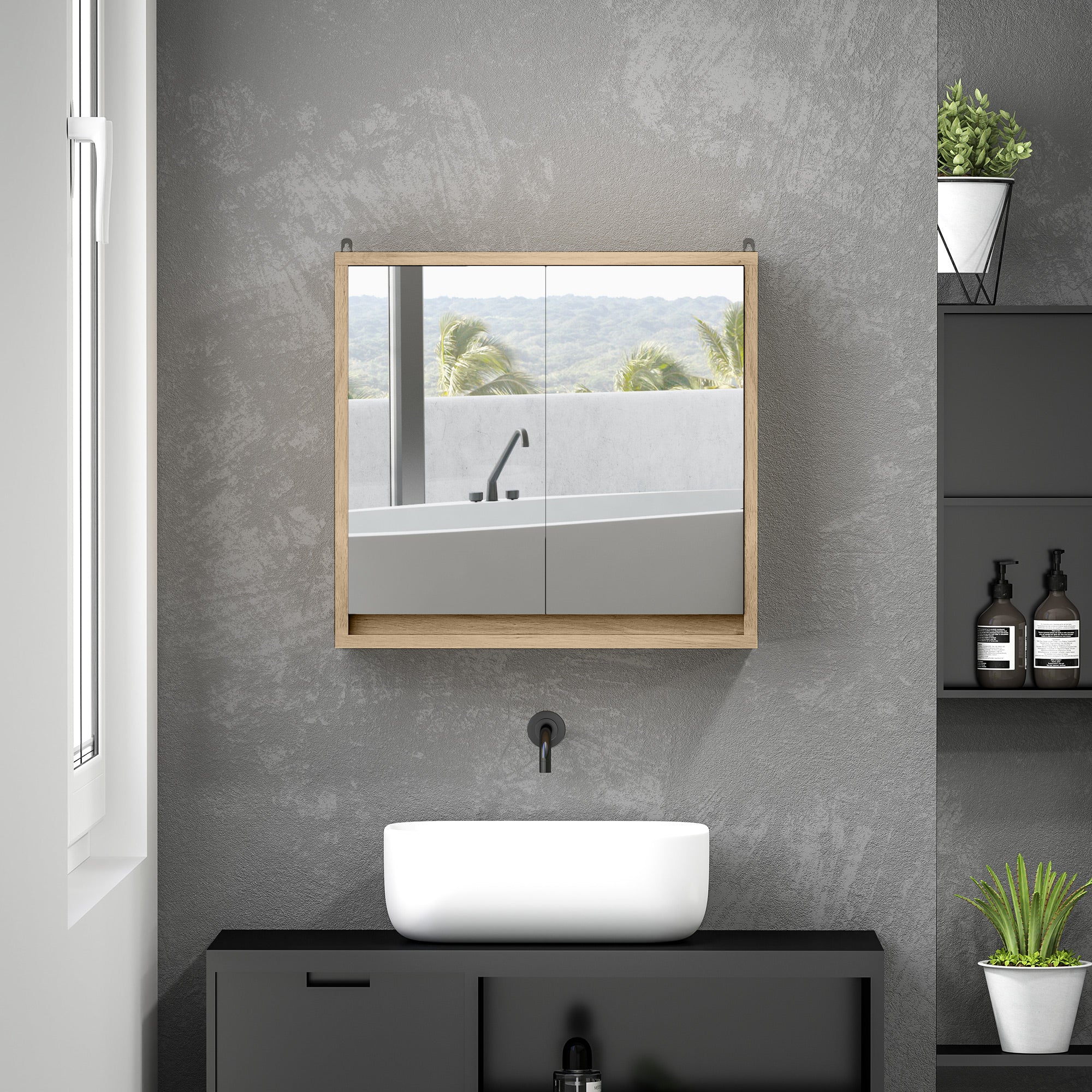 Armário de Casa de Banho com Espelho – 48x14,5x45 cm – Cor de Madeira Natural – Melamina, MDF e Vidro