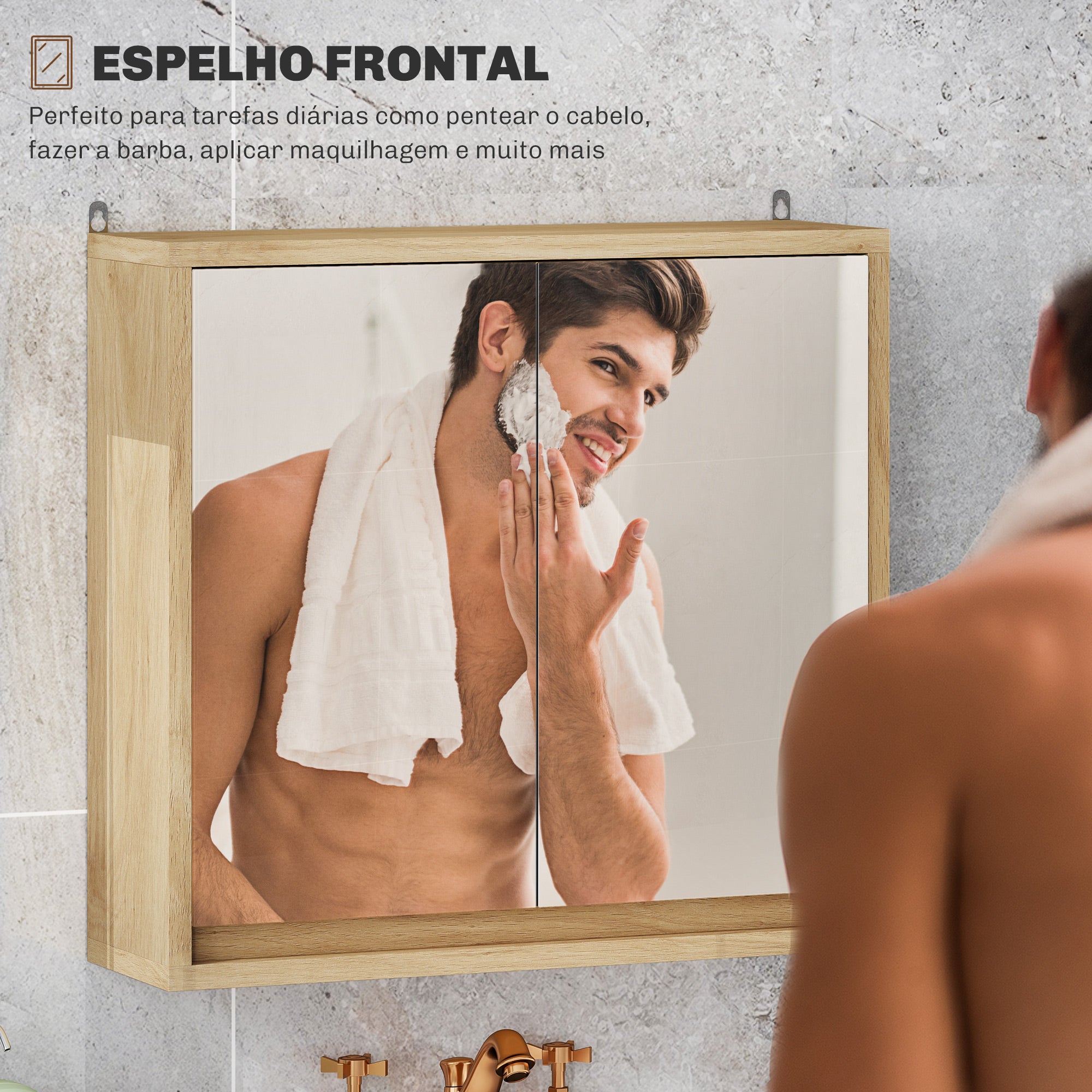 Armário de Casa de Banho com Espelho – 48x14,5x45 cm – Cor de Madeira Natural – Melamina, MDF e Vidro