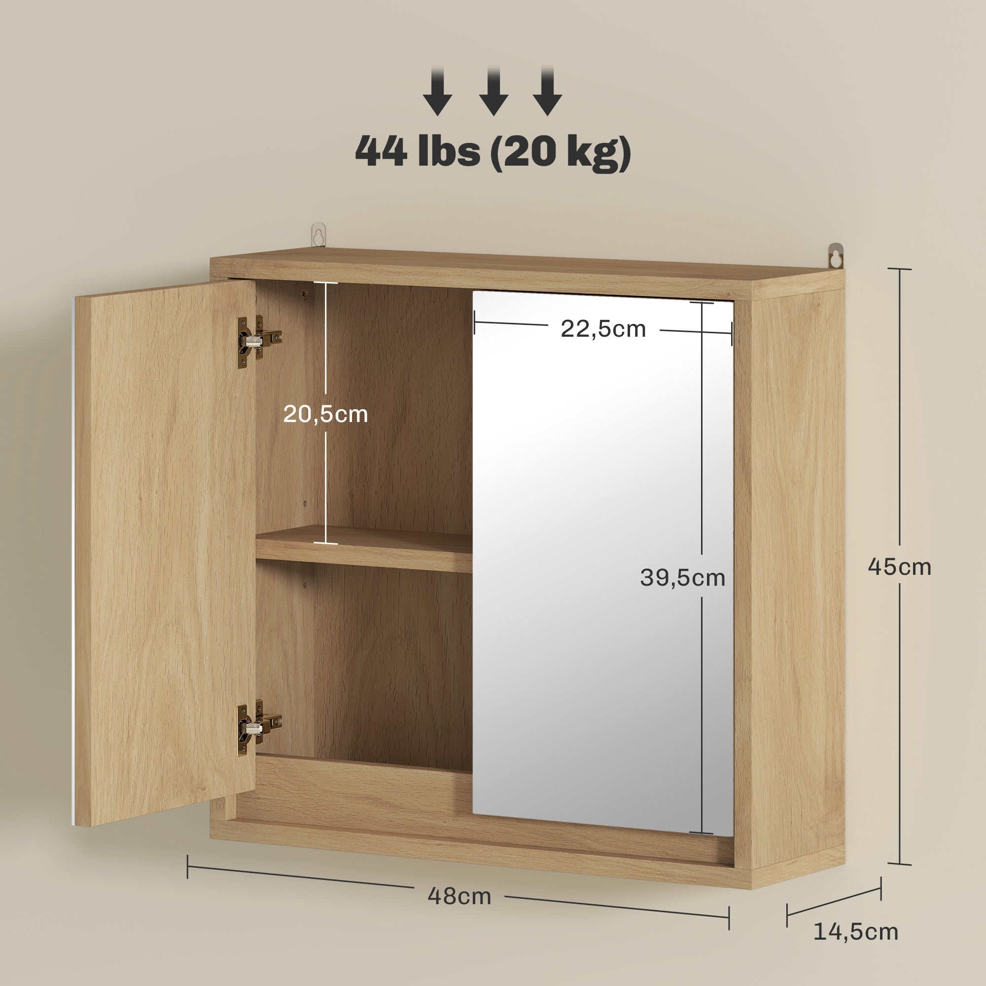 Armário de Casa de Banho com Espelho – 48x14,5x45 cm – Cor de Madeira Natural – Melamina, MDF e Vidro