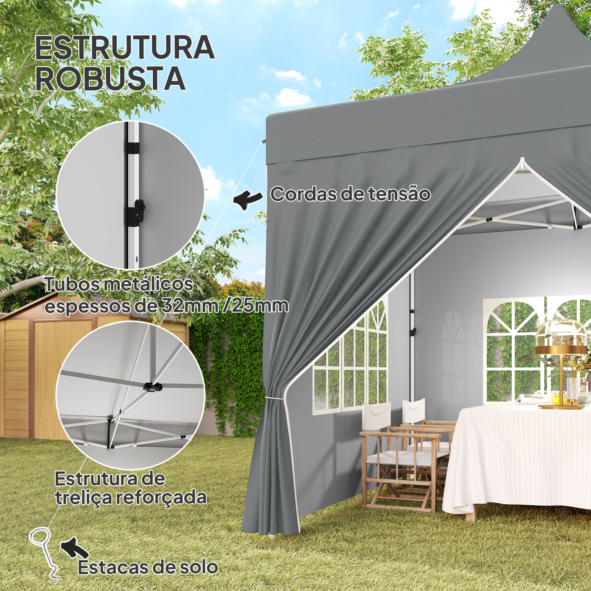 Tenda Dobrável Pop-Up Cinzenta 290x290x325 cm - Estrutura Metálica Resistente