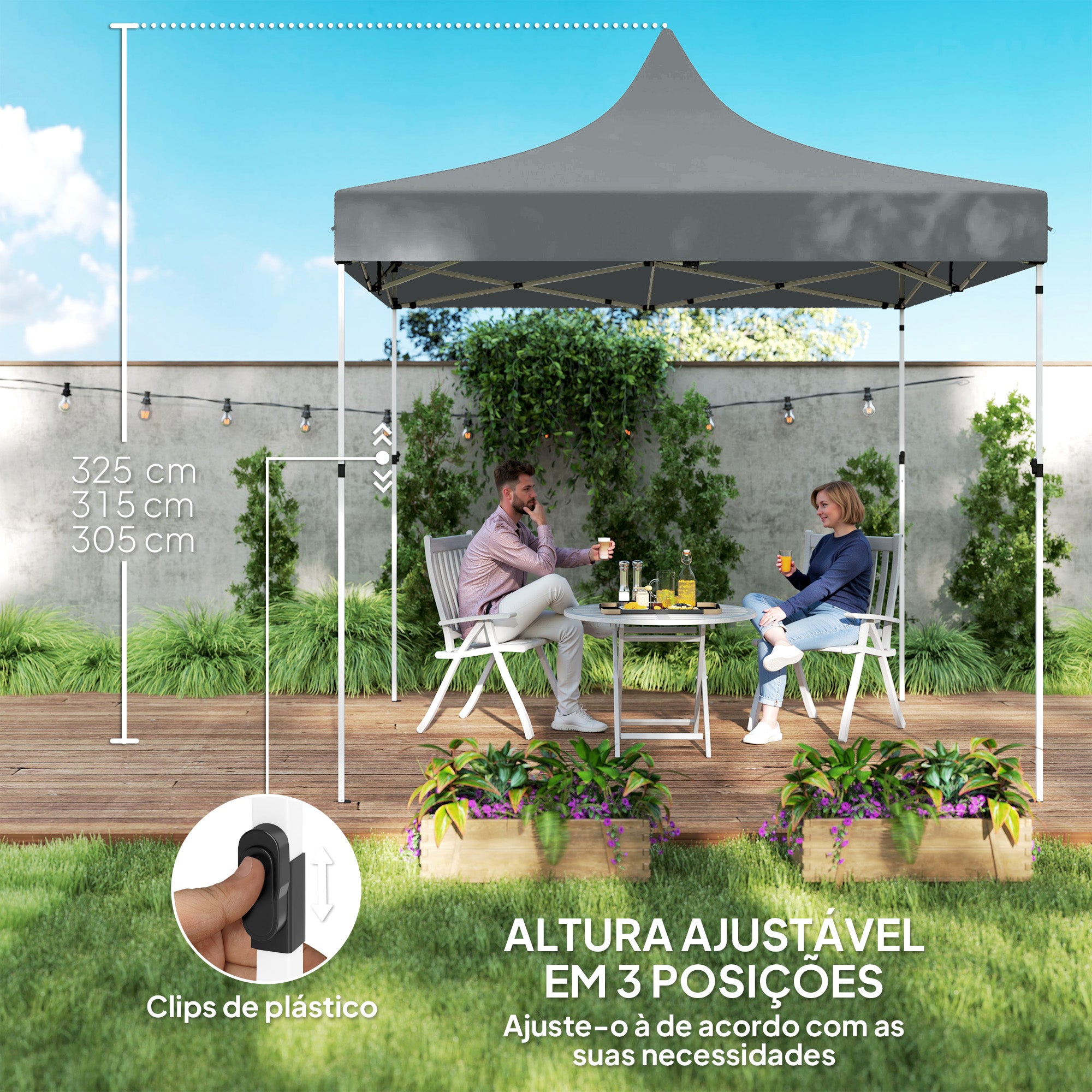 Tenda Dobrável Pop-Up Cinzenta 290x290x325 cm - Estrutura Metálica Resistente