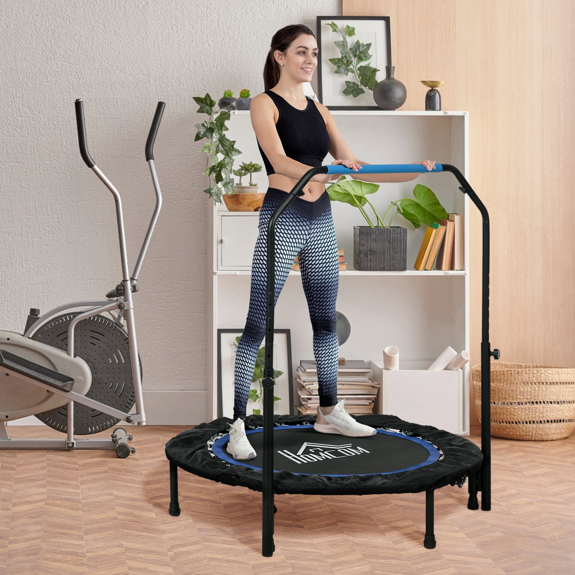 Trampolim Fitness Ø102 Dobrável com Pega Ajustável - Preto e Azul