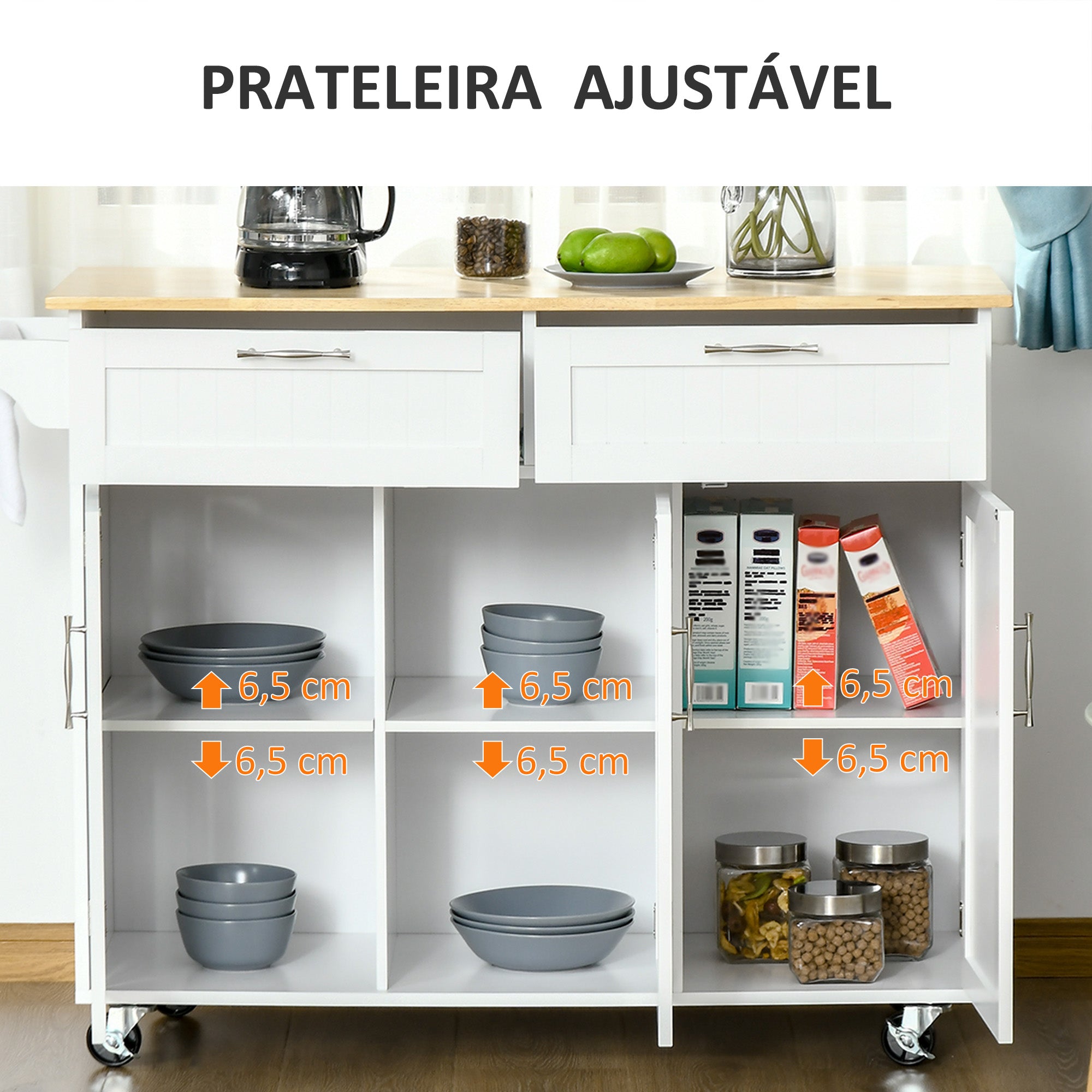 Carrinho de Cozinha Multiuso – 121x46x91 cm – Branco – MDF e madeira de borracha