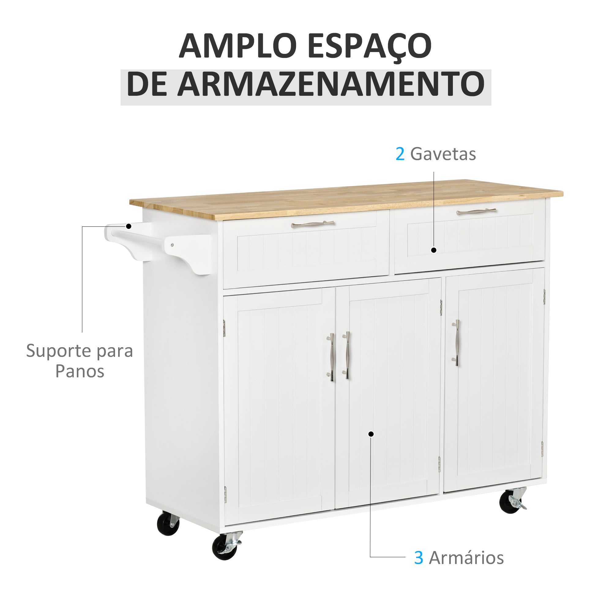 Carrinho de Cozinha Multiuso – 121x46x91 cm – Branco – MDF e madeira de borracha