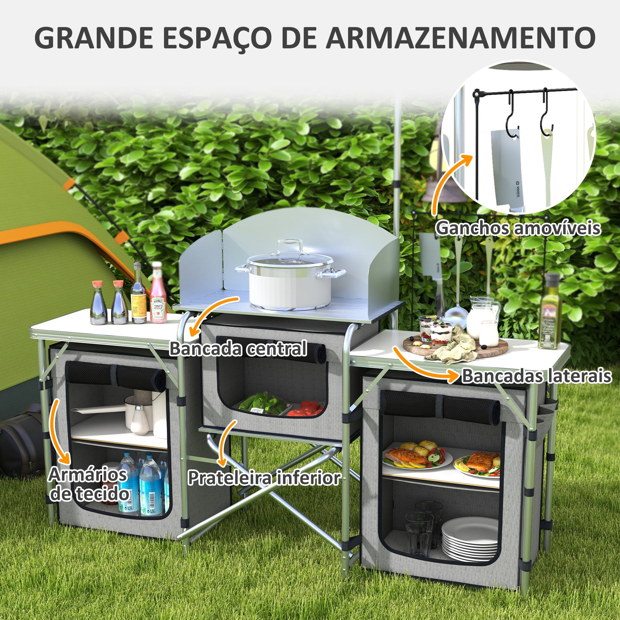 Móvel de Cozinha para Campismo Dobrável 172x48x119 cm Cinza e Prata