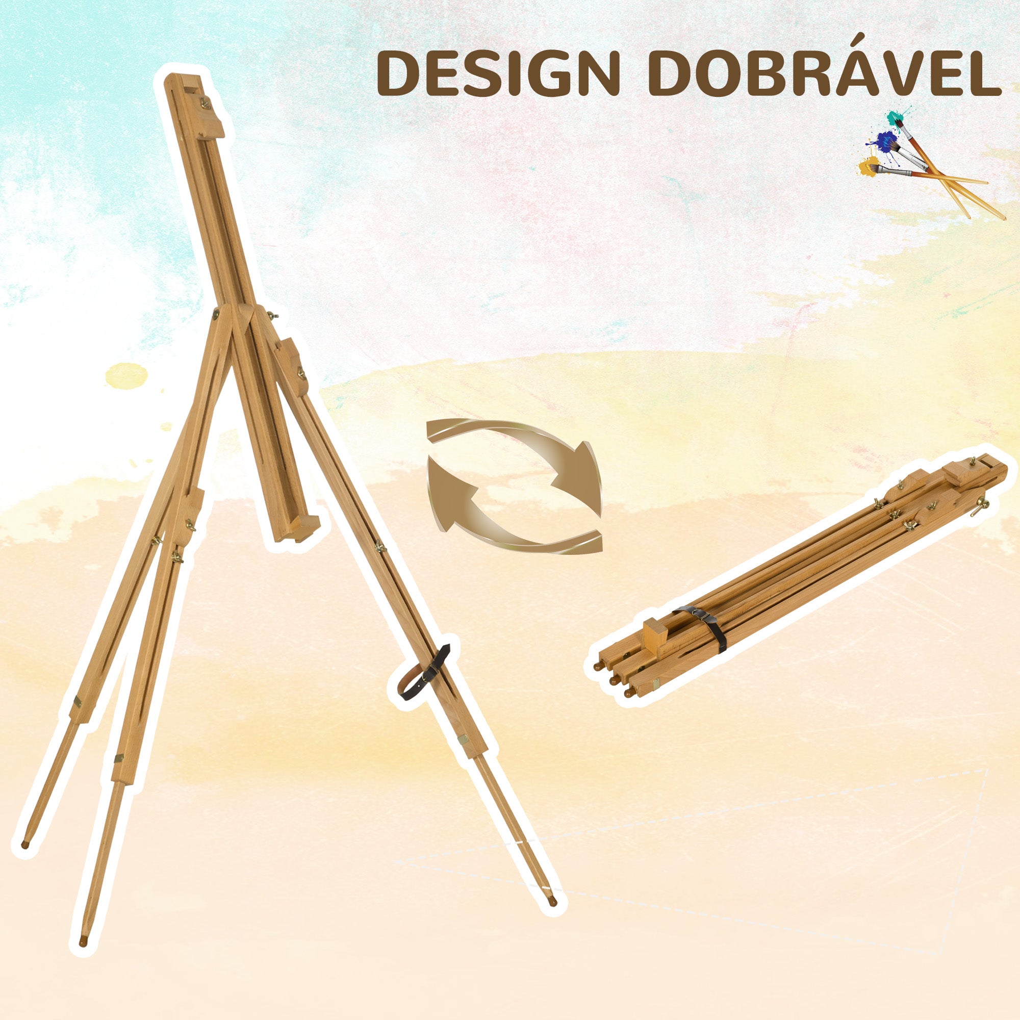 Cavalete de Pintura Dobrável em Madeira Natural 93x84x183 cm