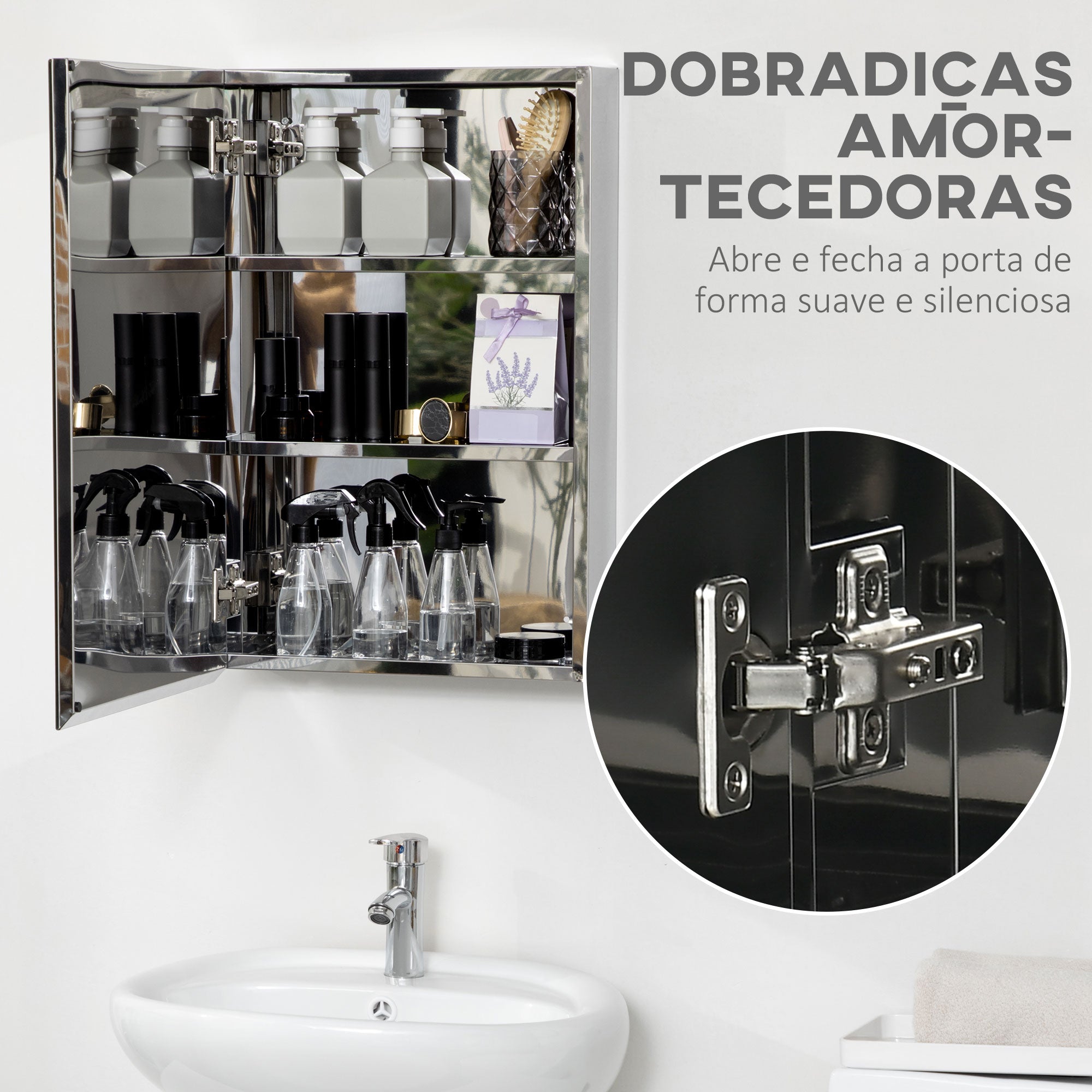Armário de Casa de Banho com Espelho – 39x12x60 cm – Prata – Aço Inoxidável e Vidro