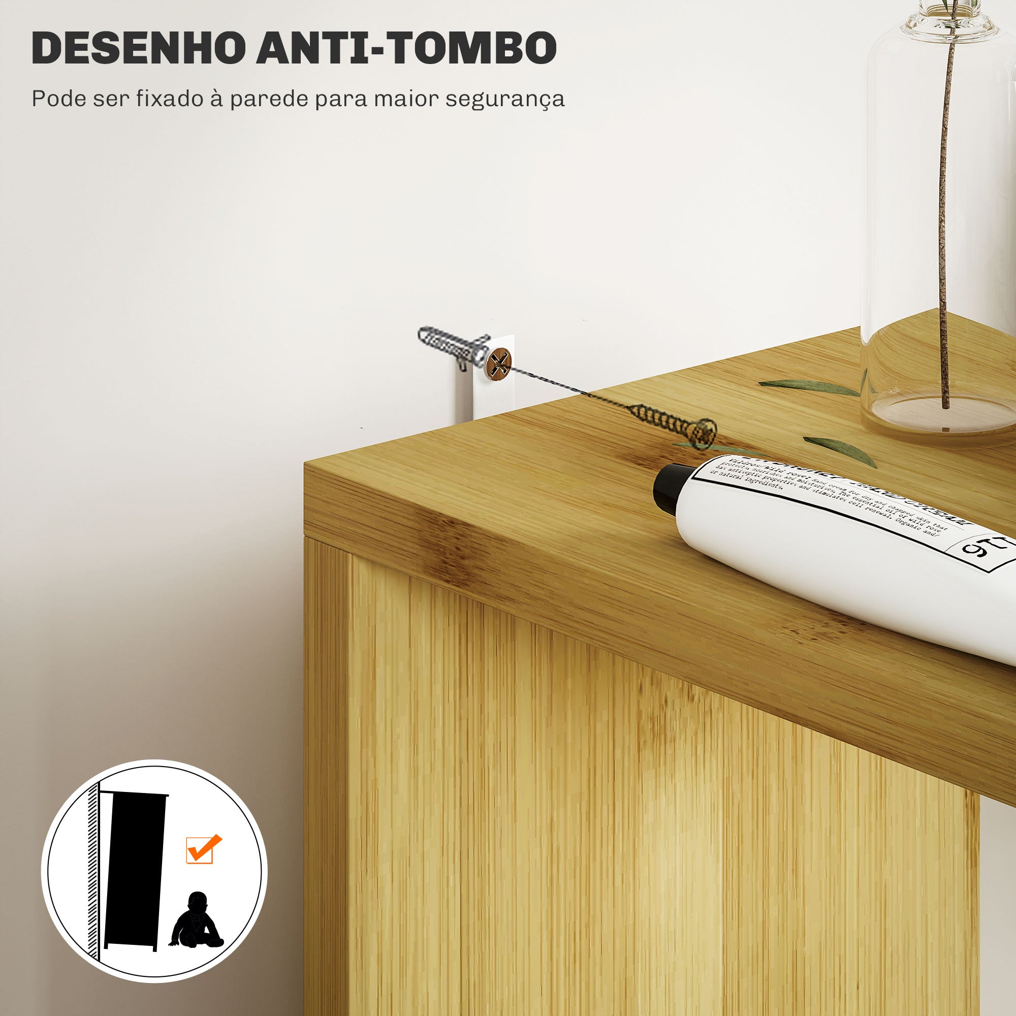 Armário de Casa de Banho Moderno – 18x30x120 cm – Cor de Madeira Natural – Bambu, Melamina de Madeira, MDF