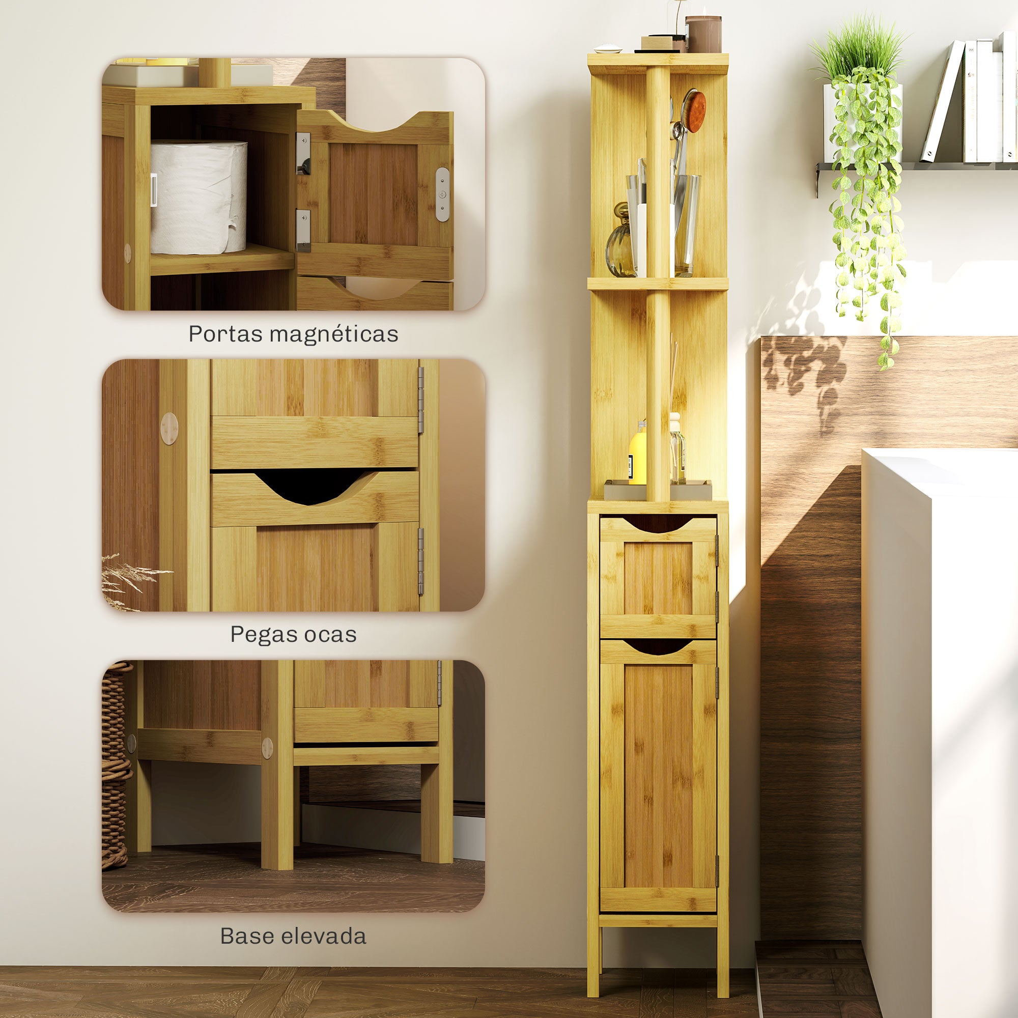 Armário de Casa de Banho Moderno – 18x30x120 cm – Cor de Madeira Natural – Bambu, Melamina de Madeira, MDF