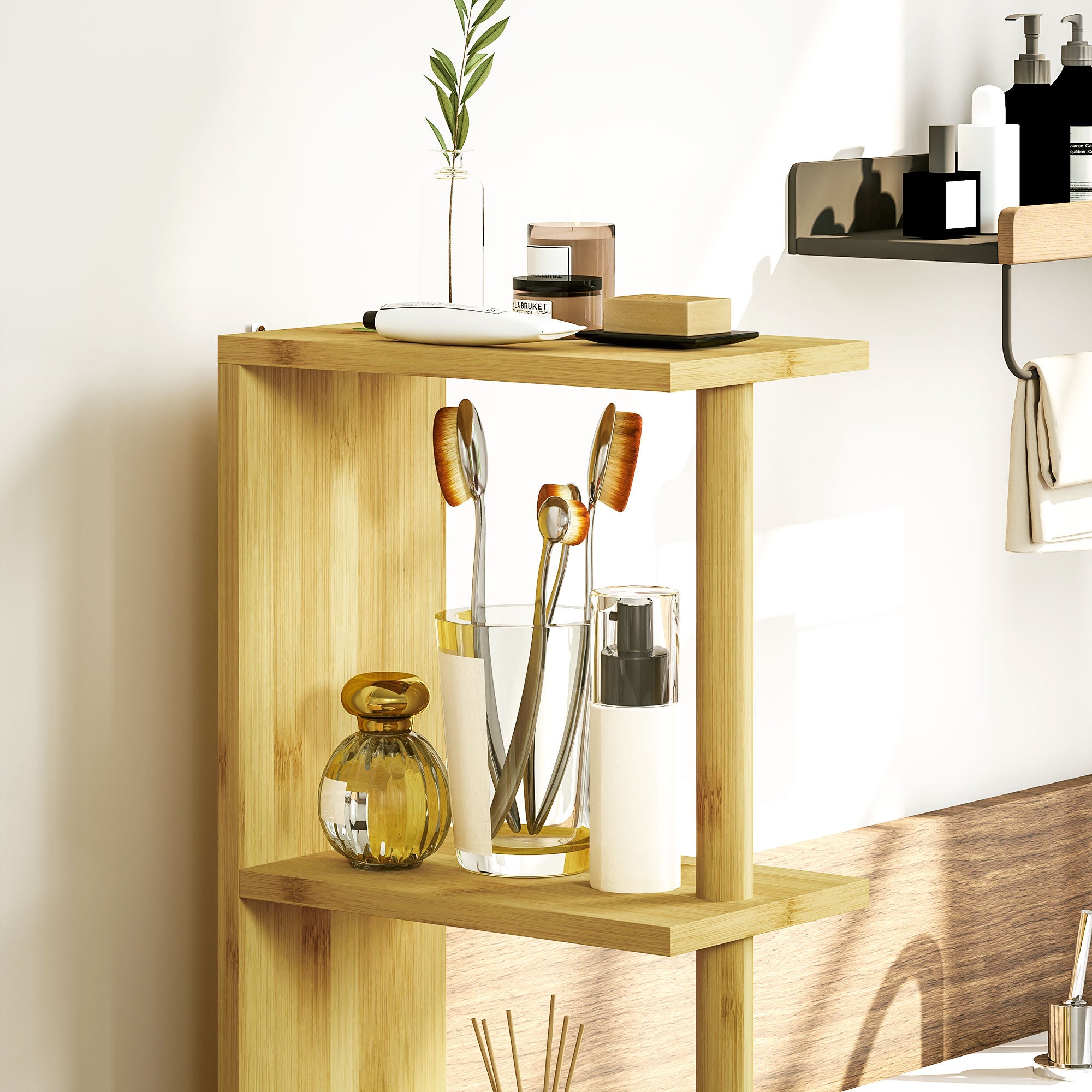 Armário de Casa de Banho Moderno – 18x30x120 cm – Cor de Madeira Natural – Bambu, Melamina de Madeira, MDF