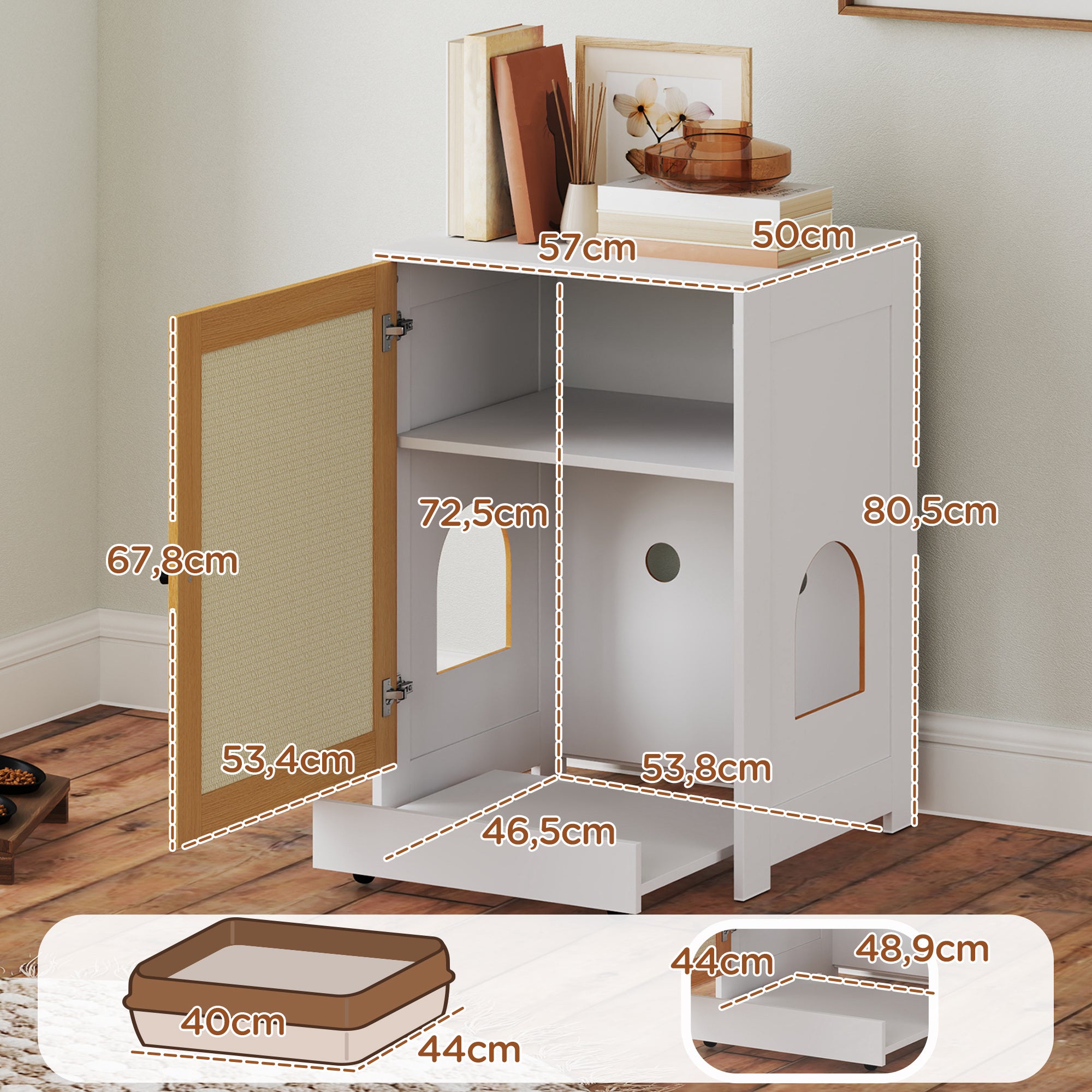 Caixa de Areia para Gatos – 57x50x80,5 cm – Branco e Madeira