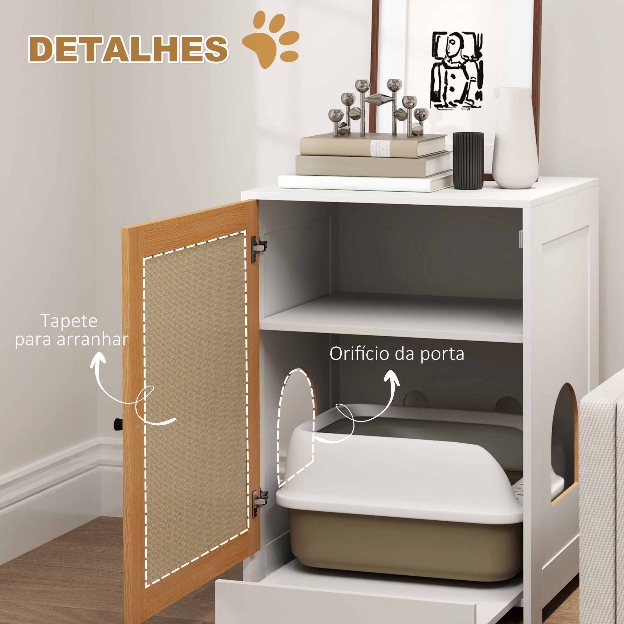 Caixa de Areia para Gatos – 57x50x80,5 cm – Branco e Madeira