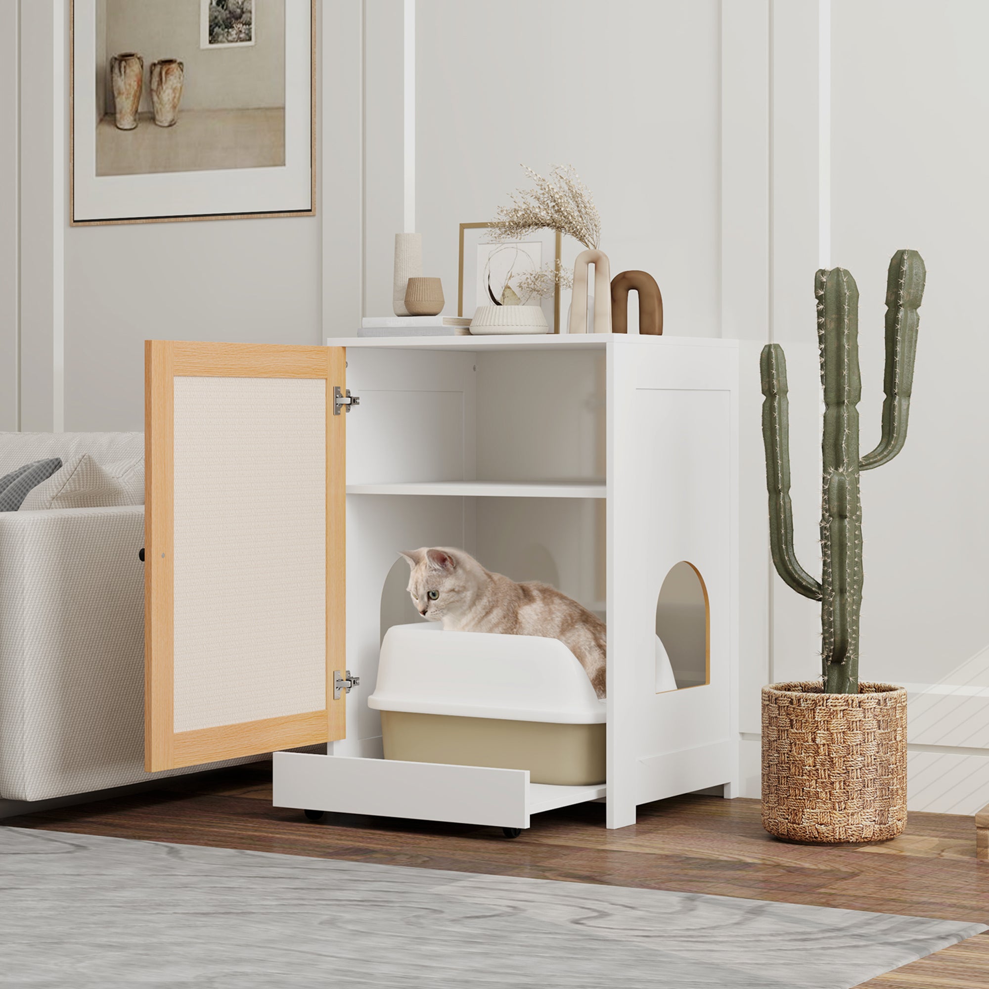 Caixa de Areia para Gatos – 57x50x80,5 cm – Branco e Madeira