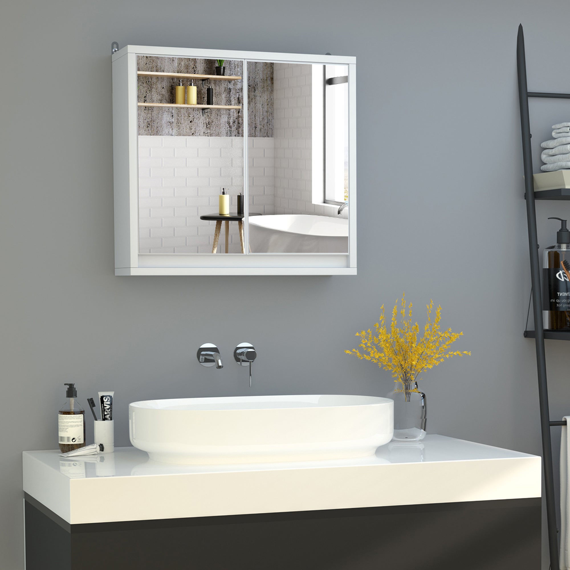 Armário de Casa de Banho – 48x14,5x45 cm – Branco – Melamina e Vidro