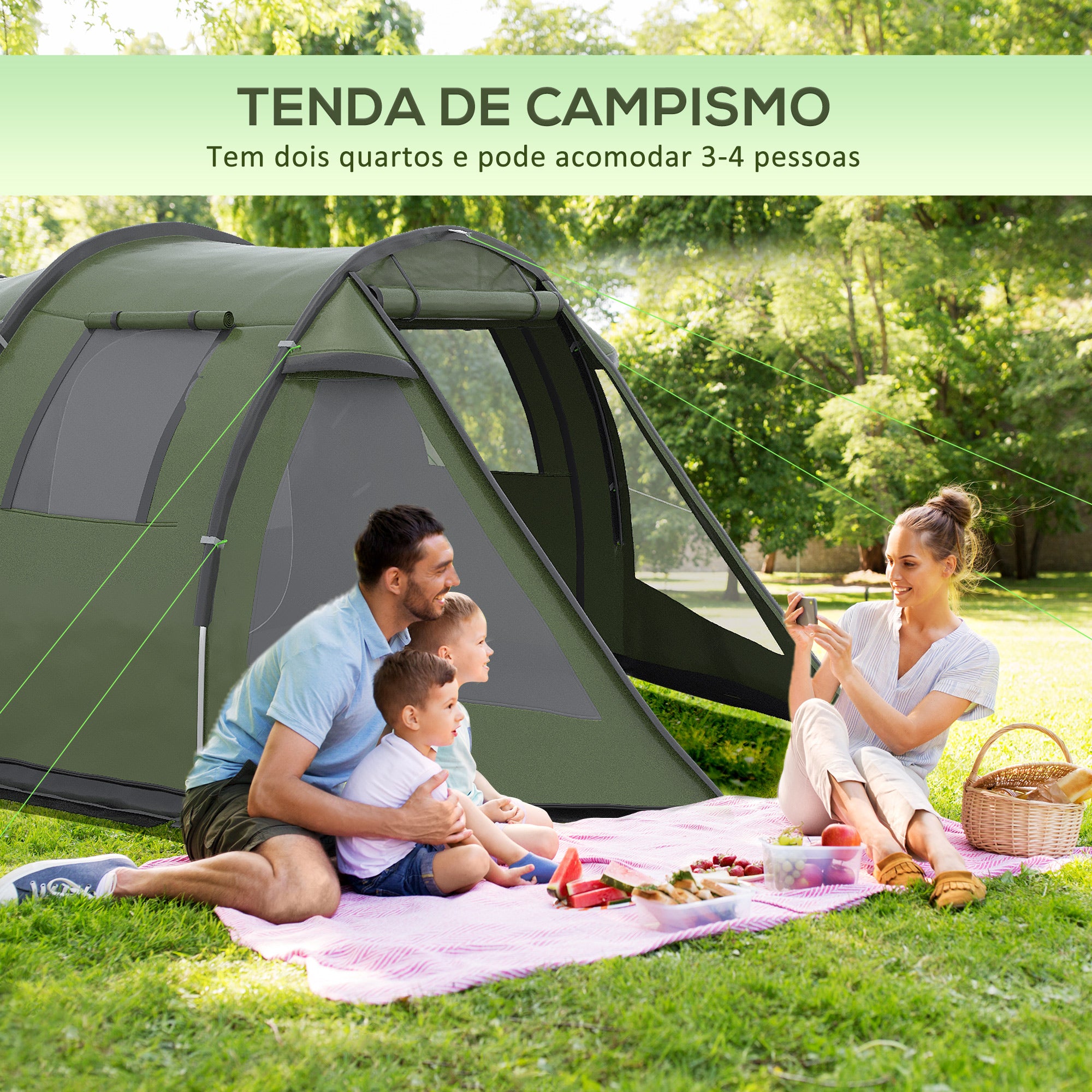 Tenda de Campismo – 475x264x172 cm – Verde – Poliéster