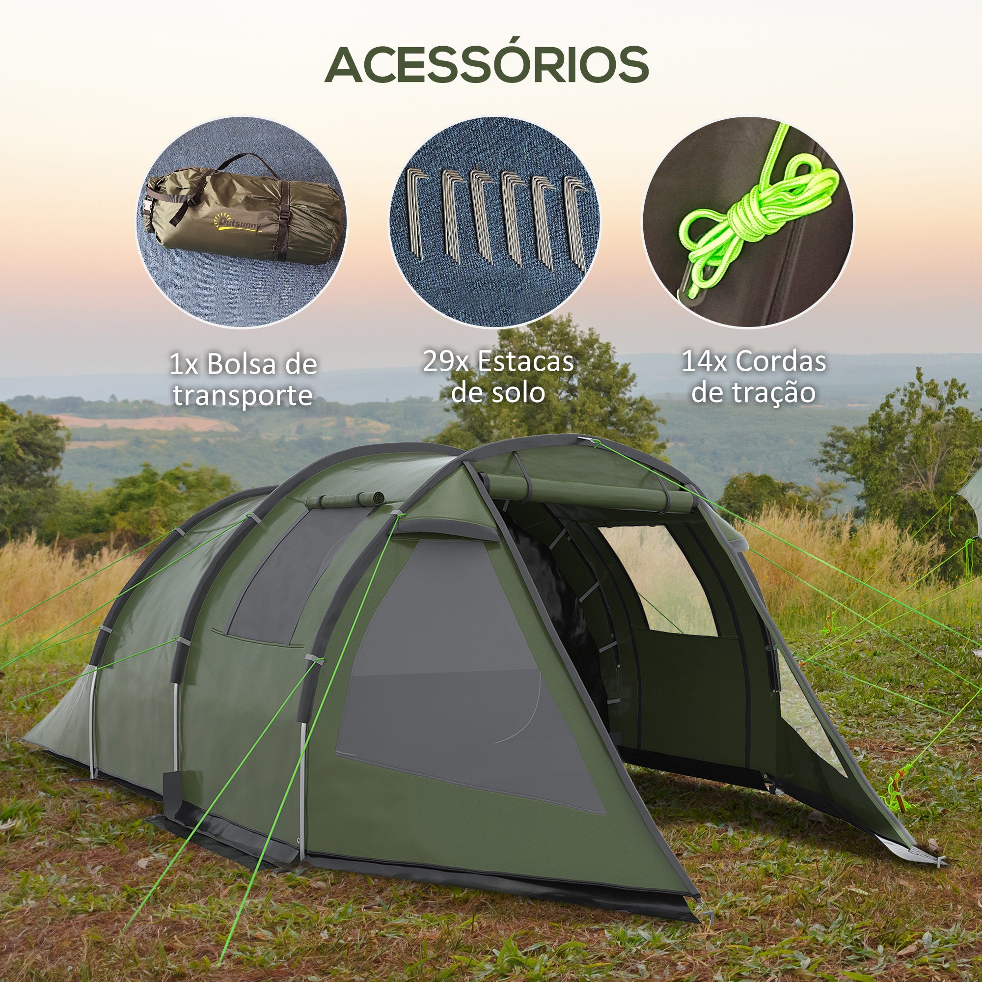 Tenda de Campismo – 475x264x172 cm – Verde – Poliéster