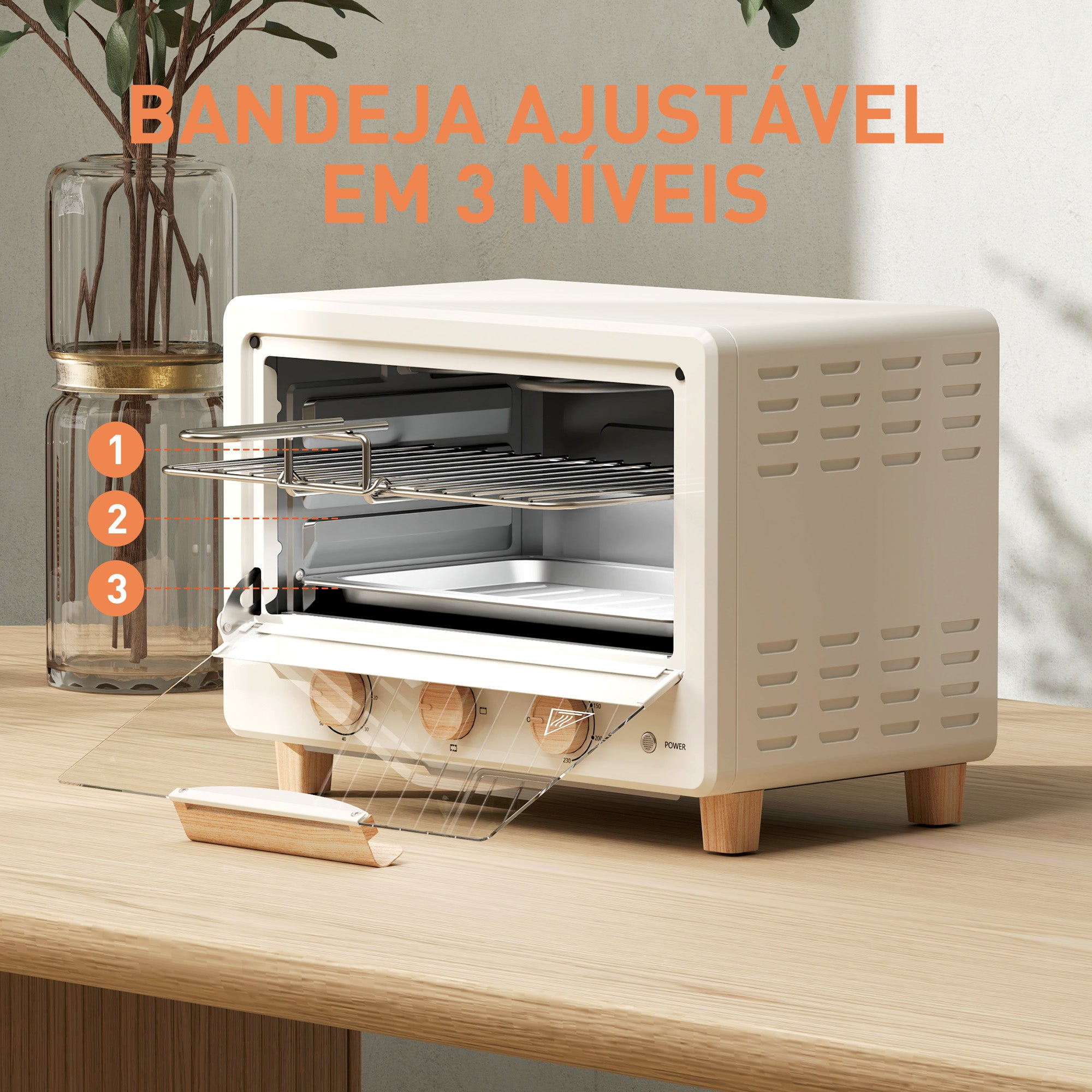 Mini Forno Elétrico – 39x27,5x28,8 cm – Creme – Aço inoxidável, vidro temperado e plástico