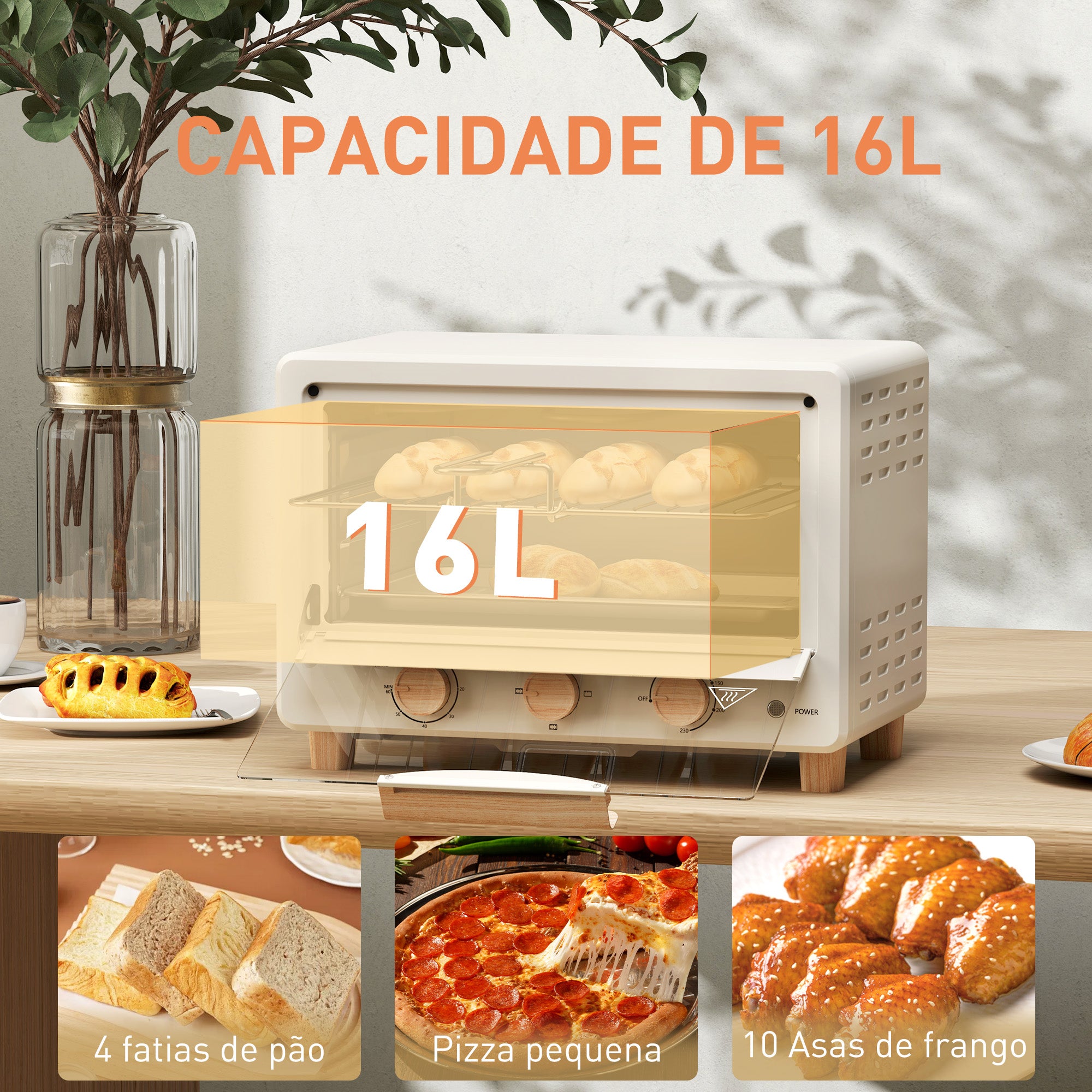 Mini Forno Elétrico – 39x27,5x28,8 cm – Creme – Aço inoxidável, vidro temperado e plástico