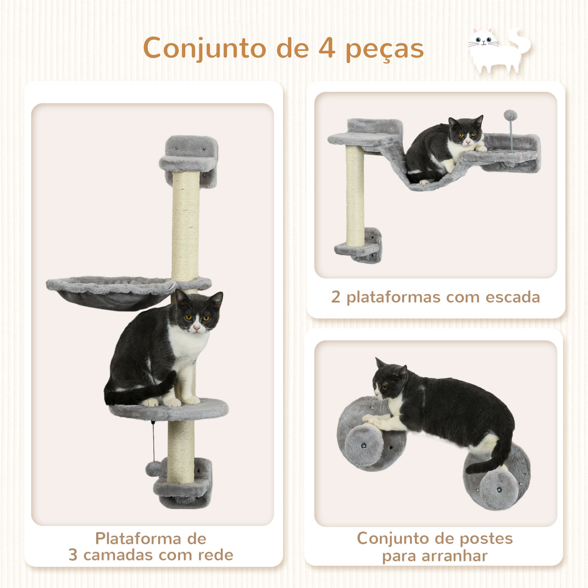 Conjunto de Prateleiras de Escalada para Gatos – 84,5x19x54 cm – Cinza – Aglomerado de madeira, pelúcia e sisal