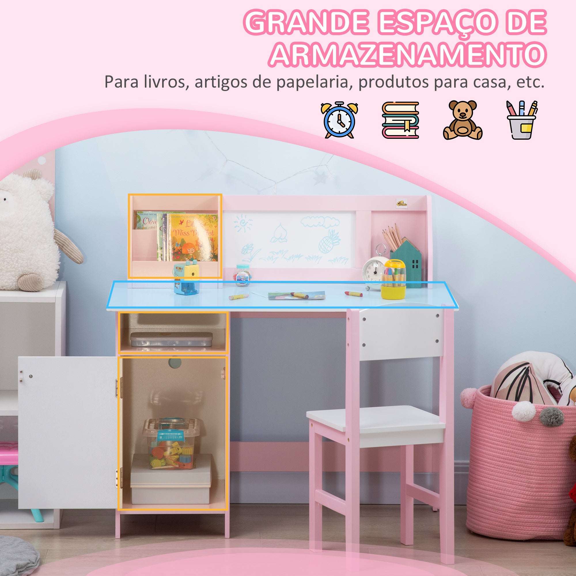 Mesa e Cadeira Infantil de Madeira com Quadro Branco 90x45x85 cm - Rosa