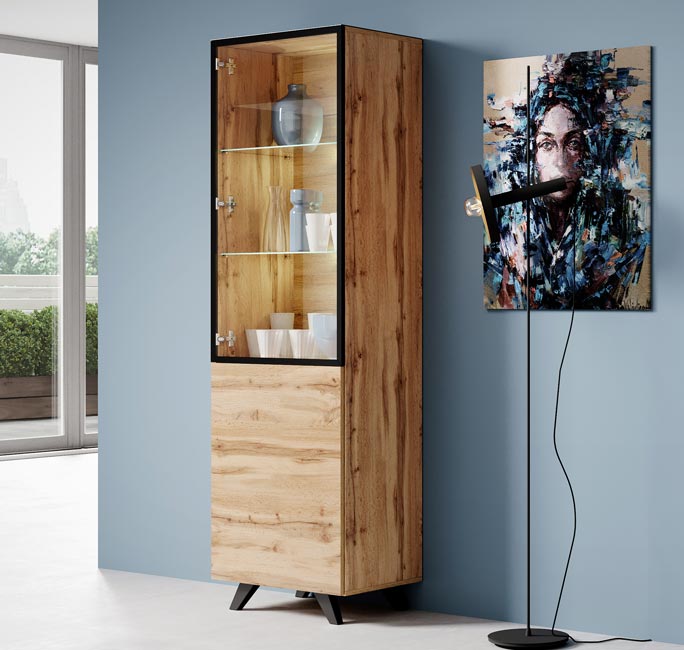 Vitrina de Pé em Carvalho e Preto – 60x197x40cm – Carvalho Wotan e Negro – MDF