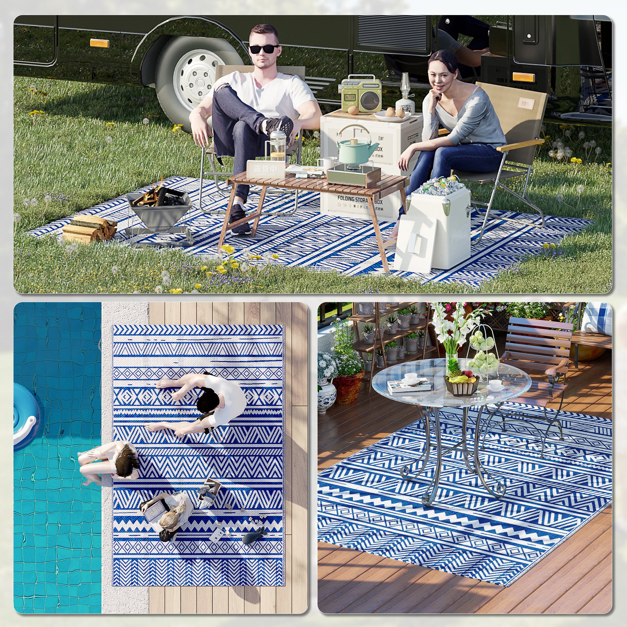 Tapete de Exterior Reversível – 182x274 cm – Azul e Branco – Polipropileno